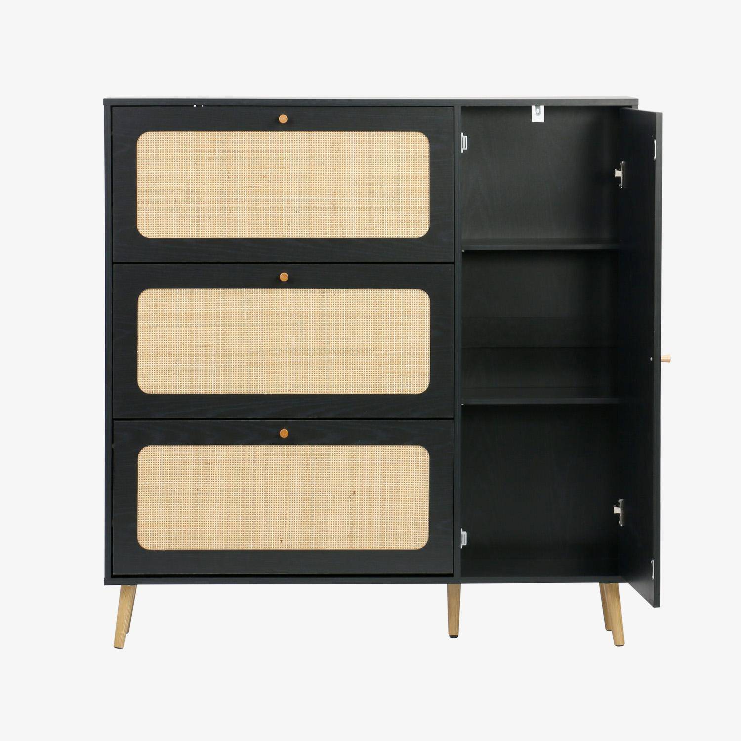 Schuhschrank mit Rohrgeflecht, 3 Klapptüren, 1 Tür, für 21 Paar, schwarz 120 x 24 x 125 cm - Bohème,sweeek,Photo4