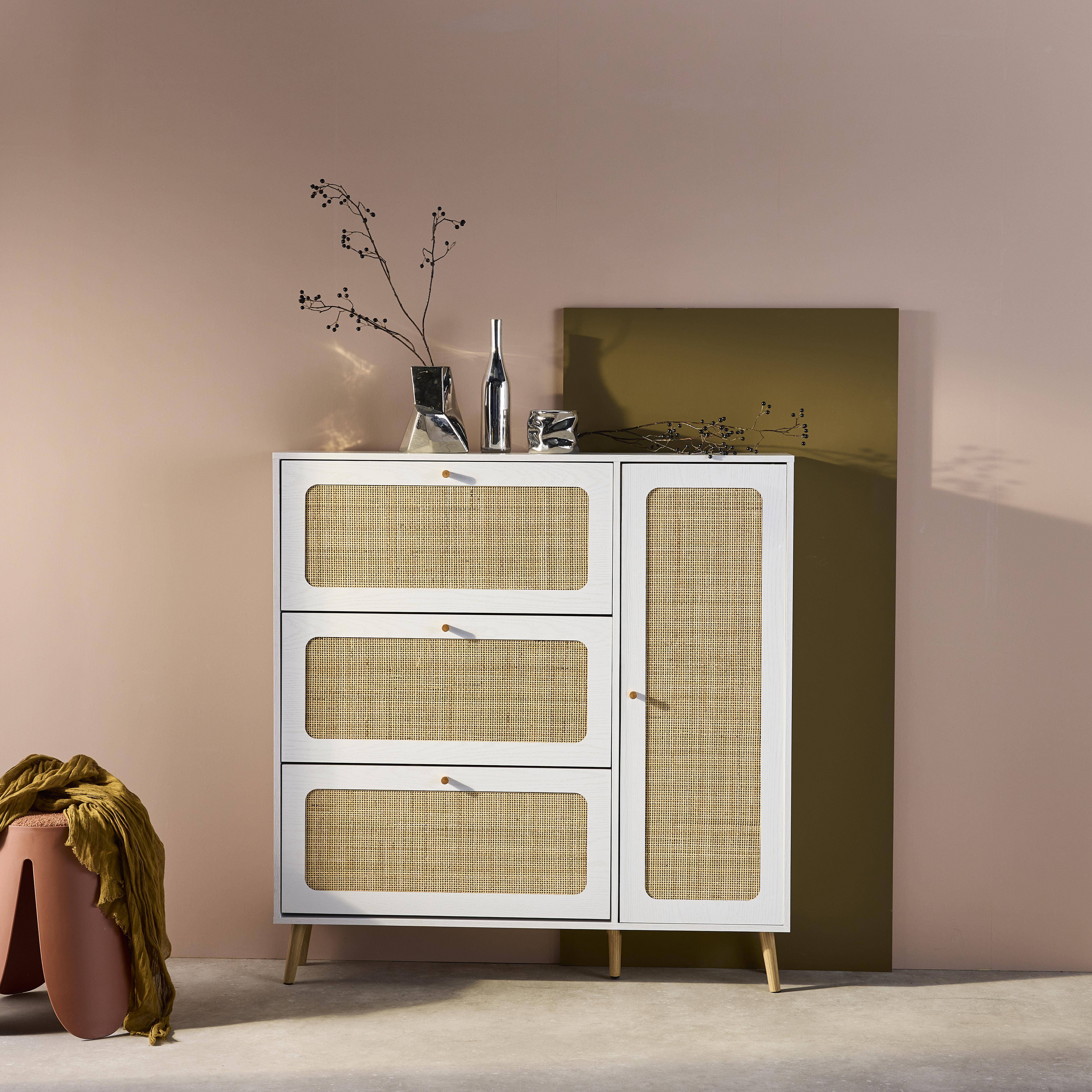 Schoenenkast met rotan, Boheemse stijl, wit, 3 lades, 1 deur, 21 paar, 120 x 24 x 125 cm Photo1