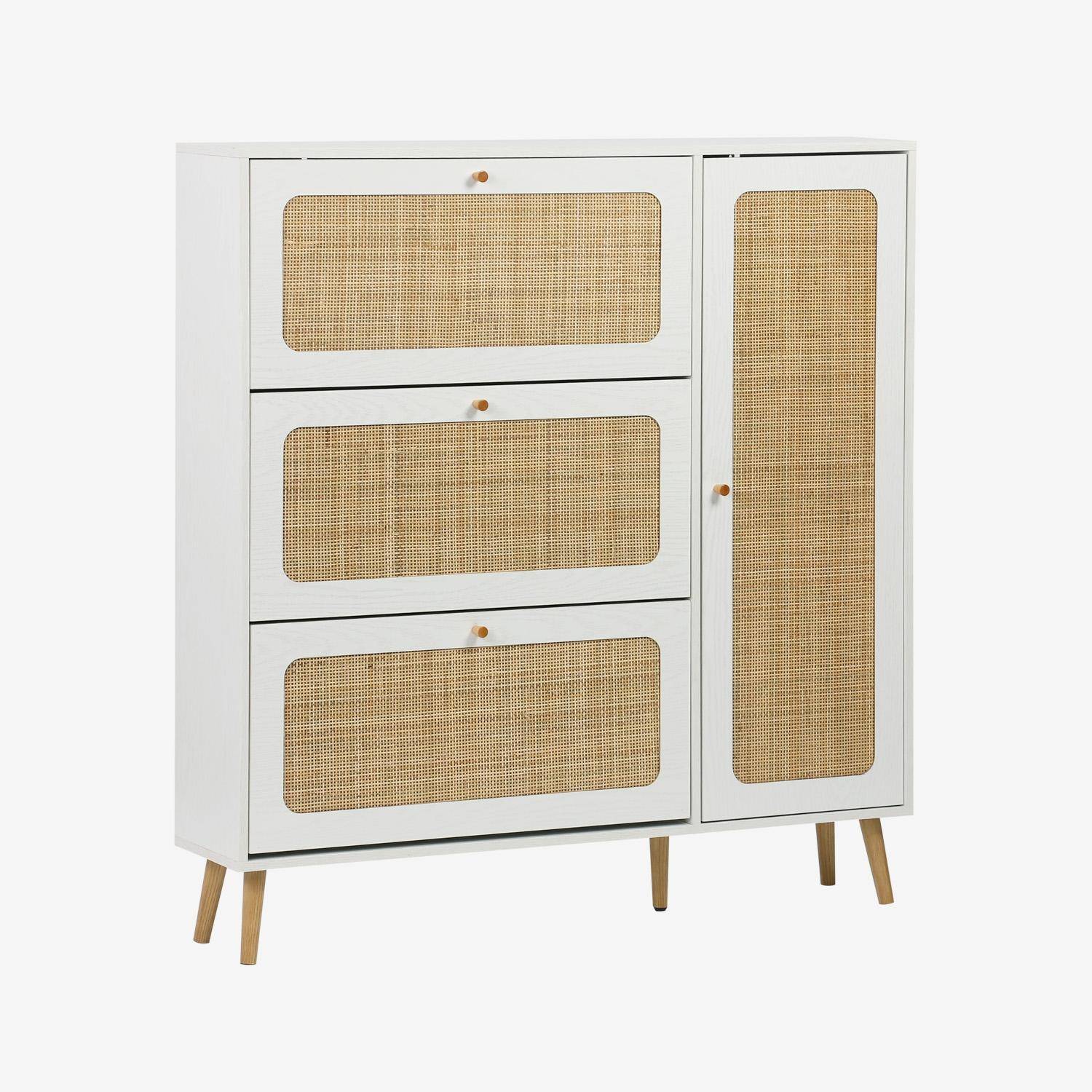 Schuhschrank mit Rattan-Geflecht, 3 Klapptüren, 1 Tür, für 21 Paar, schwarz 120 x 24 x 125 cm - Bohème Photo1