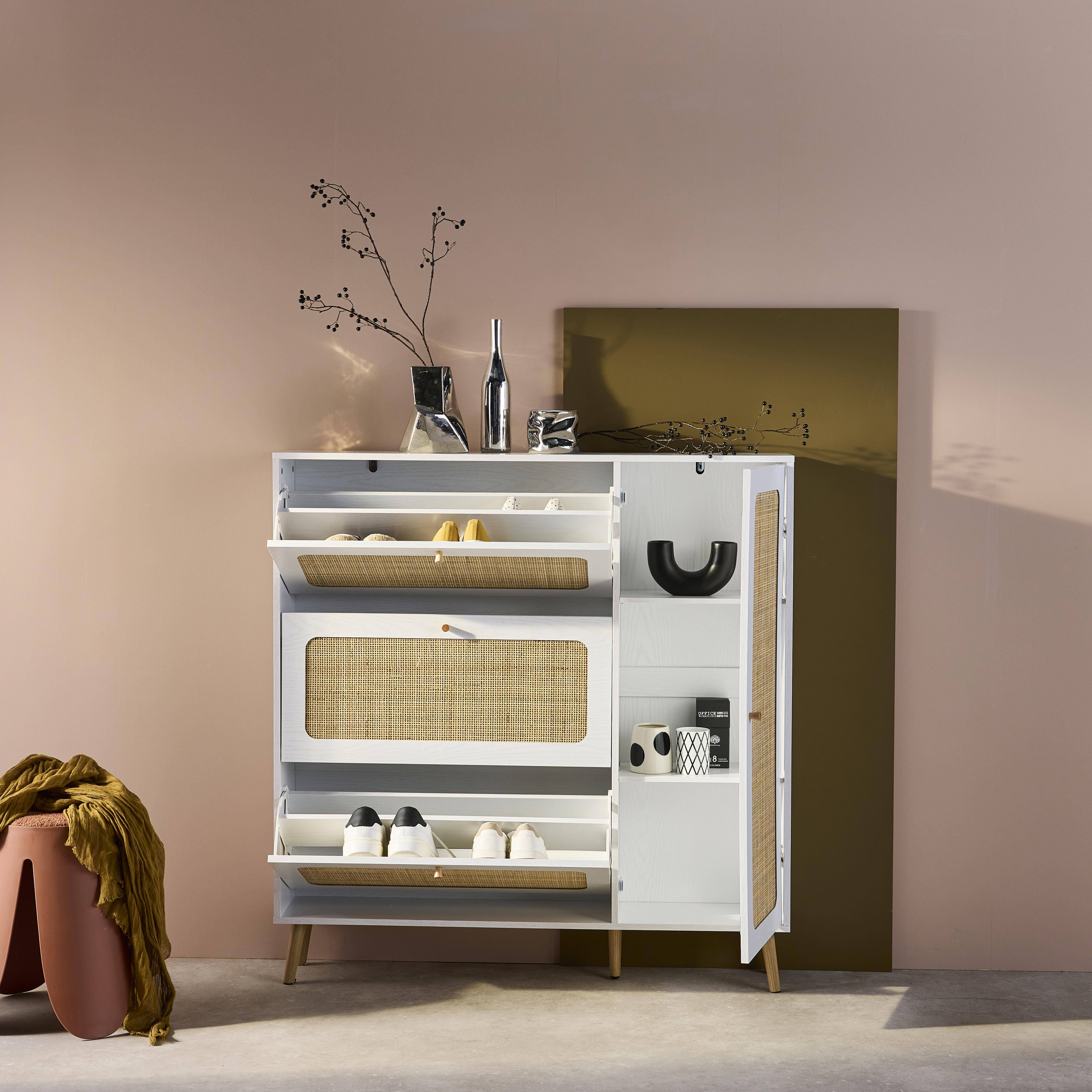 Schoenenkast met rotan, Boheemse stijl, wit, 3 lades, 1 deur, 21 paar, 120 x 24 x 125 cm,sweeek,Photo2