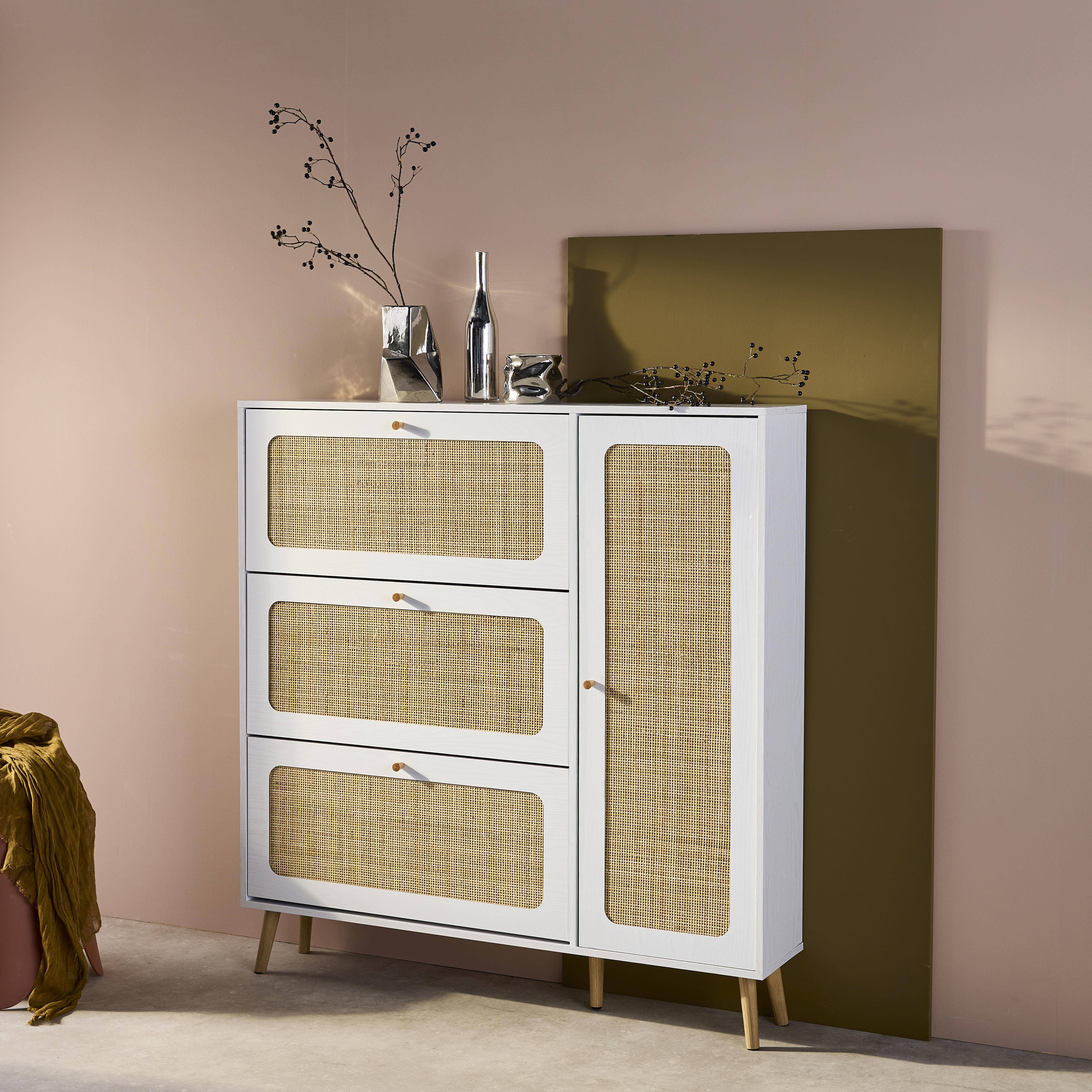 Schoenenkast met rotan, Boheemse stijl, wit, 3 lades, 1 deur, 21 paar, 120 x 24 x 125 cm Photo3