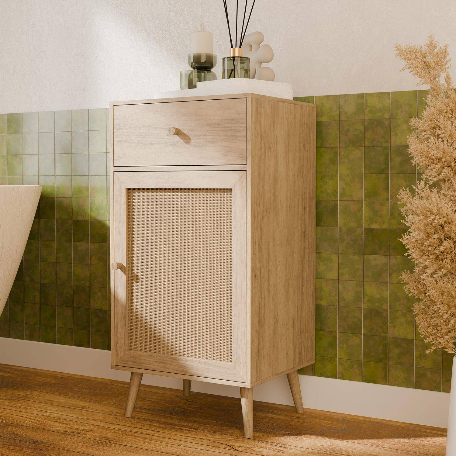 Szafka do łazienki w kolorze jasnego drewna z dodatkiem rattanu, w stylu boho 1 szuflada 1 półka 45 x 36 x 90 cm ,sweeek,Photo2