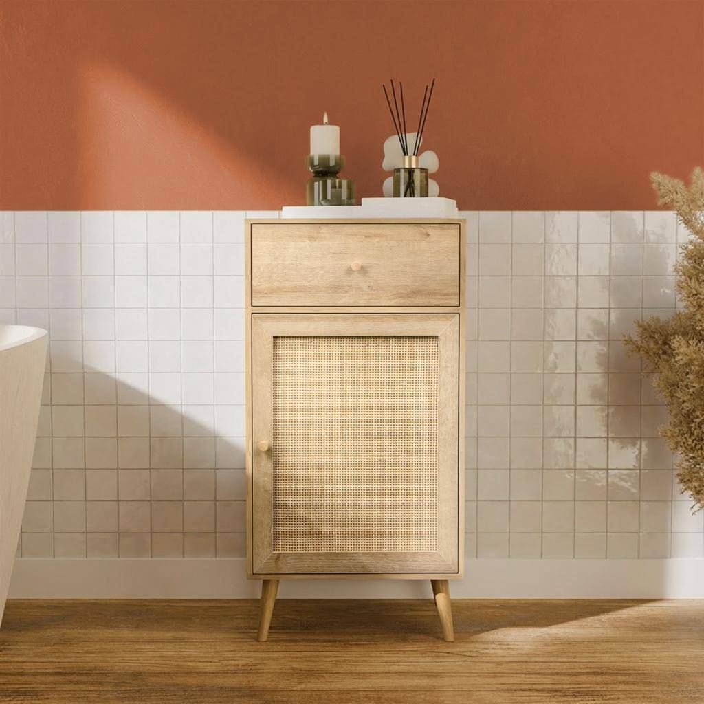 Badezimmer-Möbel mit Holzdekor und Rattan-Geflecht, 1 Schublade und 1 Regal naturfarben 45 x 36 x 90 cm - Boheme Photo1