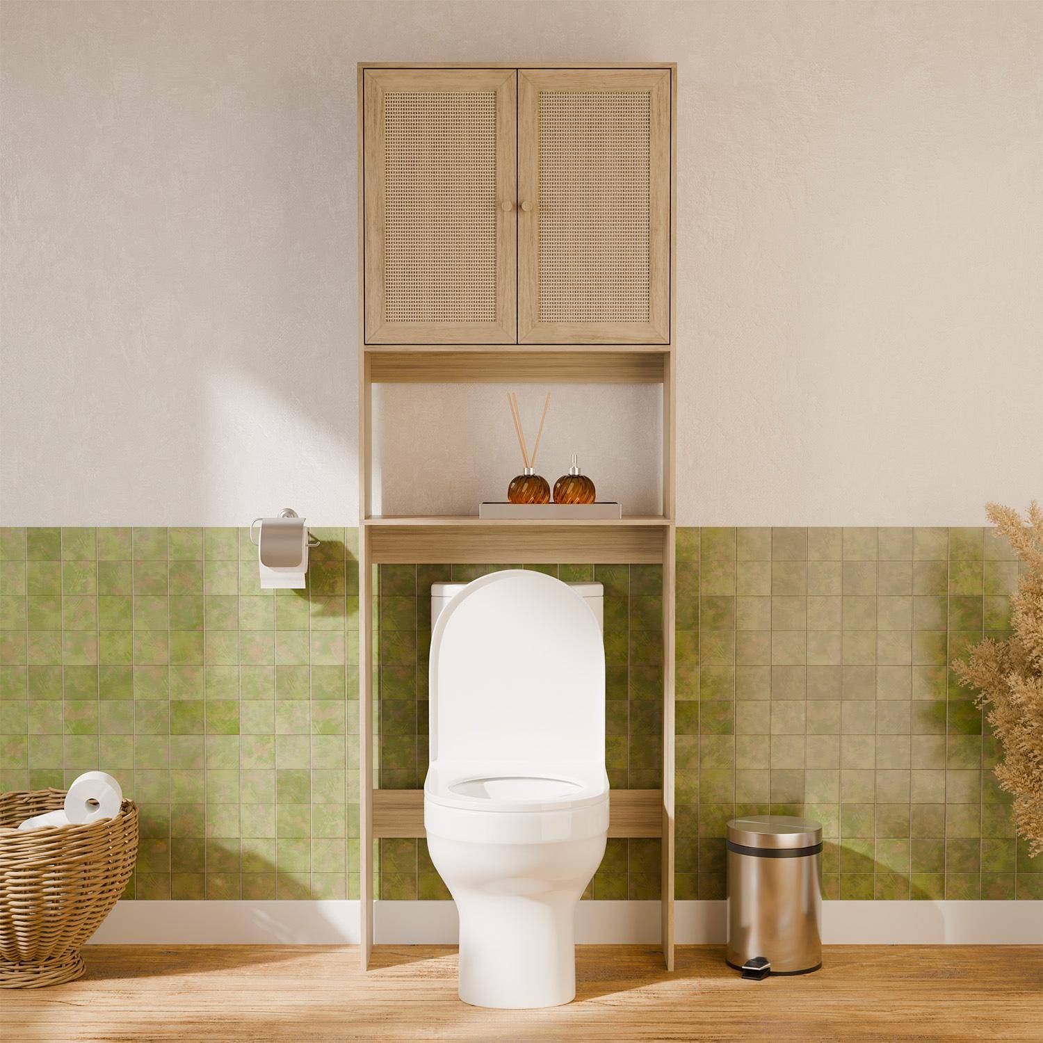 Etagère meuble WC décor bois et cannage