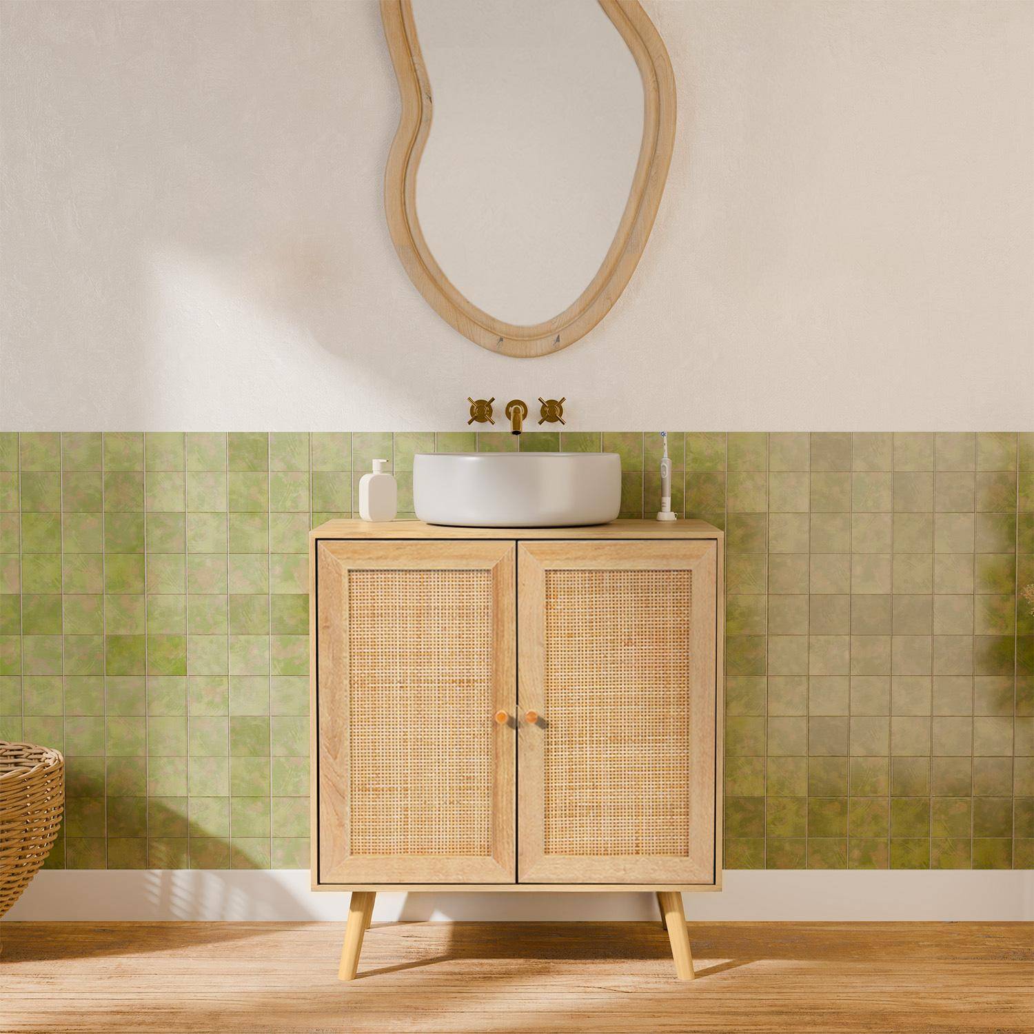 Mobile sotto lavabo decorato in legno e vimini, Boheme, Marrone naturale, 65x40x70 cm Photo1