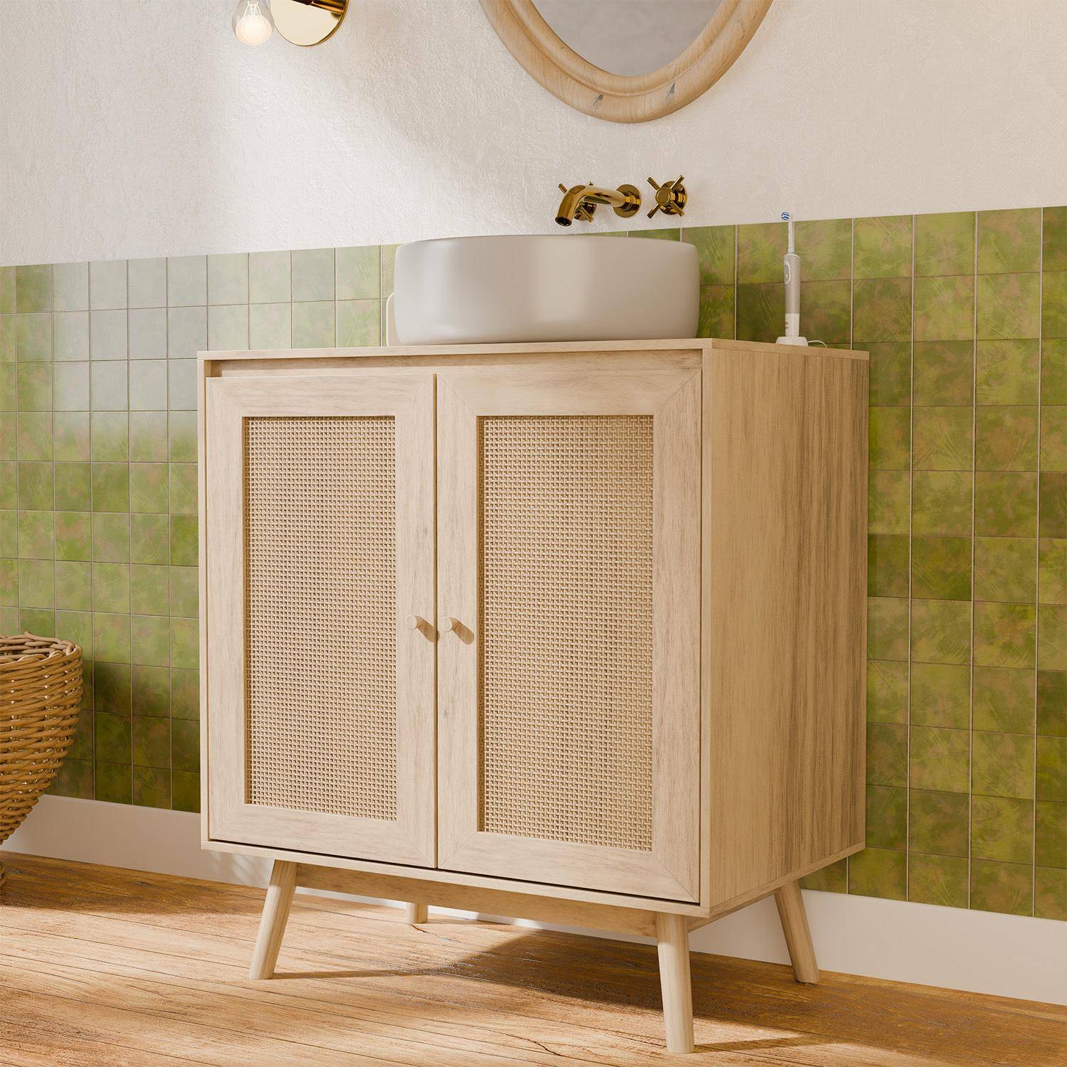 Kast onder wastafel met houtdecor en rotan Boheemse stijl 65 x 40 x 70 cm natuurlijk Photo2