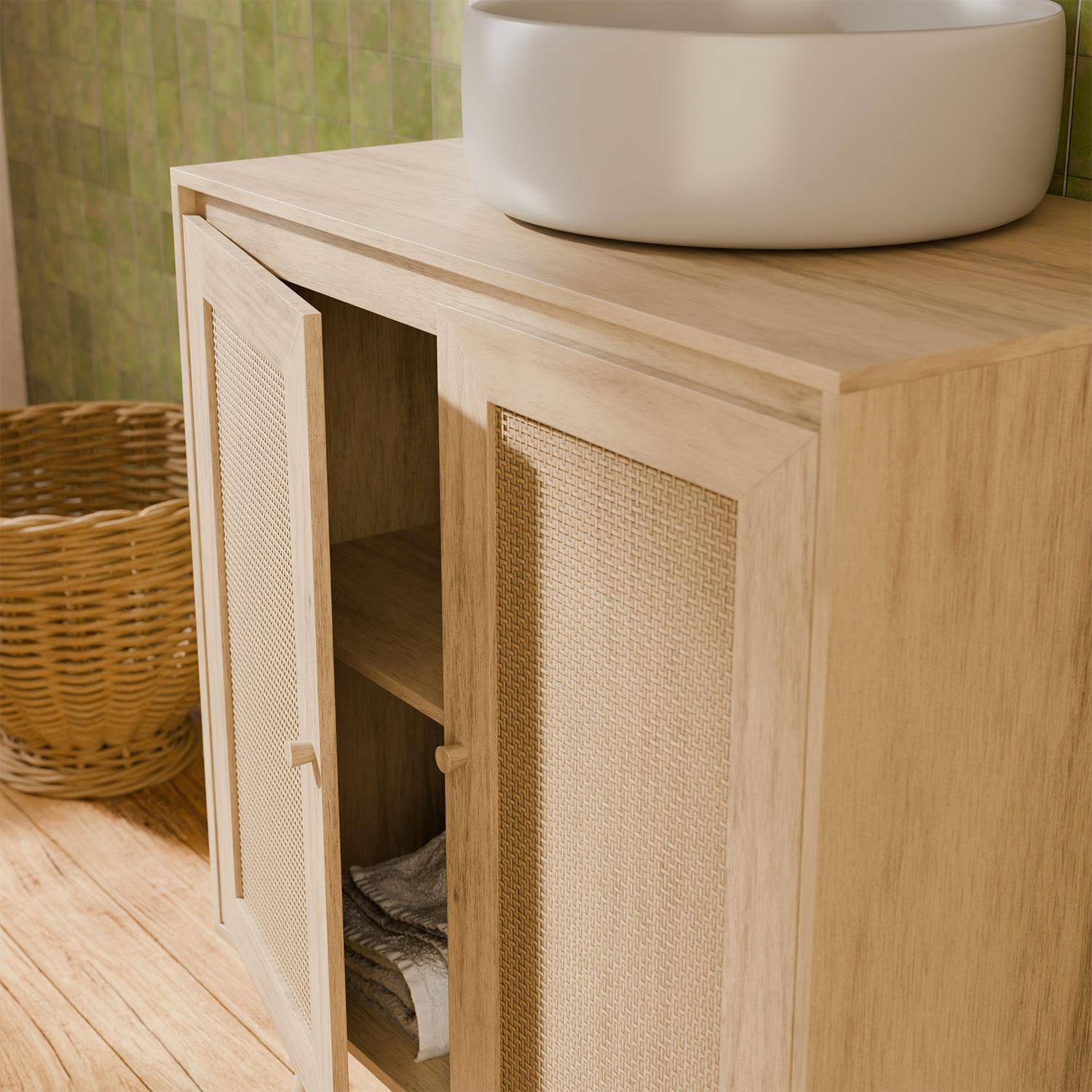 Kast onder wastafel met houtdecor en rotan Boheemse stijl 65 x 40 x 70 cm natuurlijk Photo3