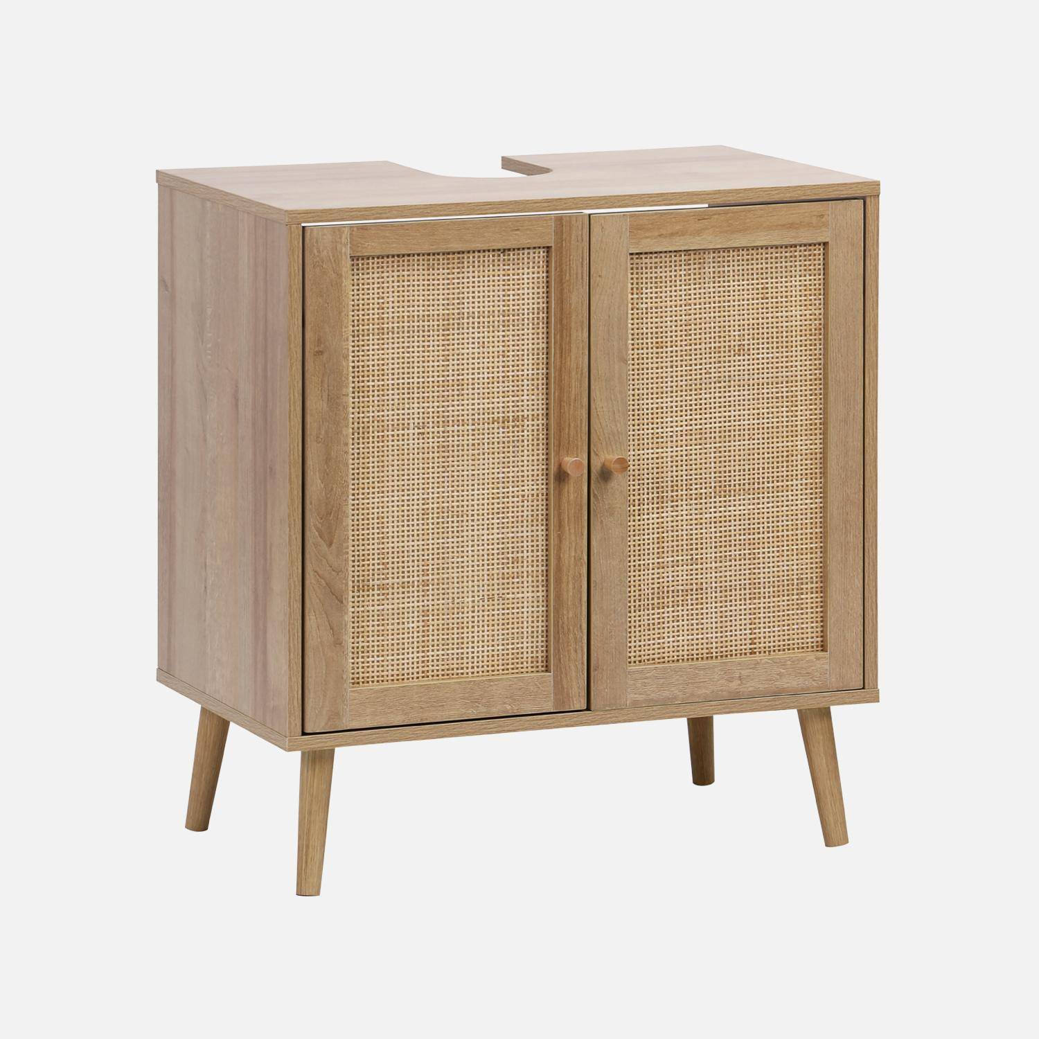 Mobile sotto lavabo decorato in legno e vimini, Boheme, Marrone naturale, 65x40x70 cm Photo1