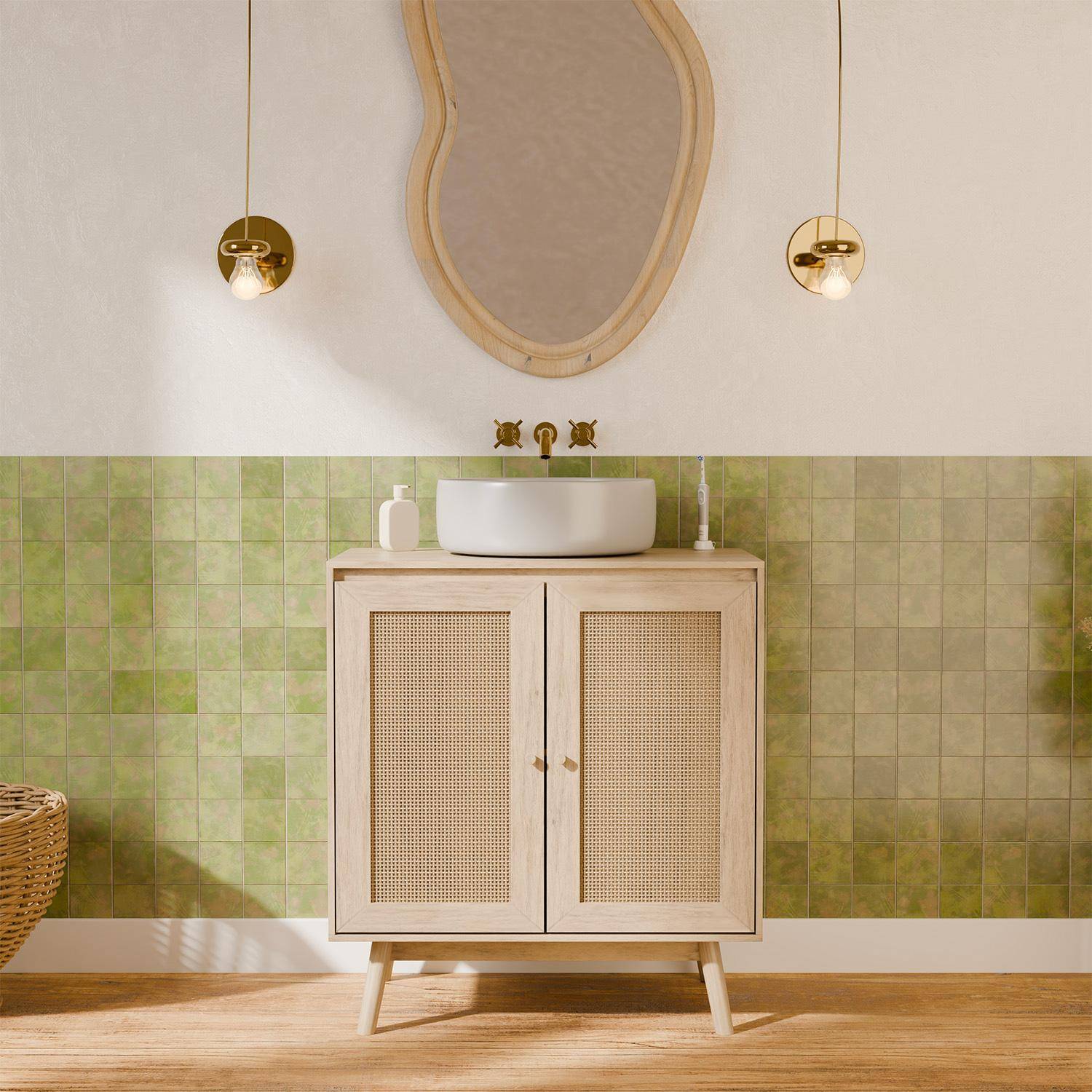 Kast onder wastafel met houtdecor en rotan Boheemse stijl 65 x 40 x 70 cm natuurlijk Photo1