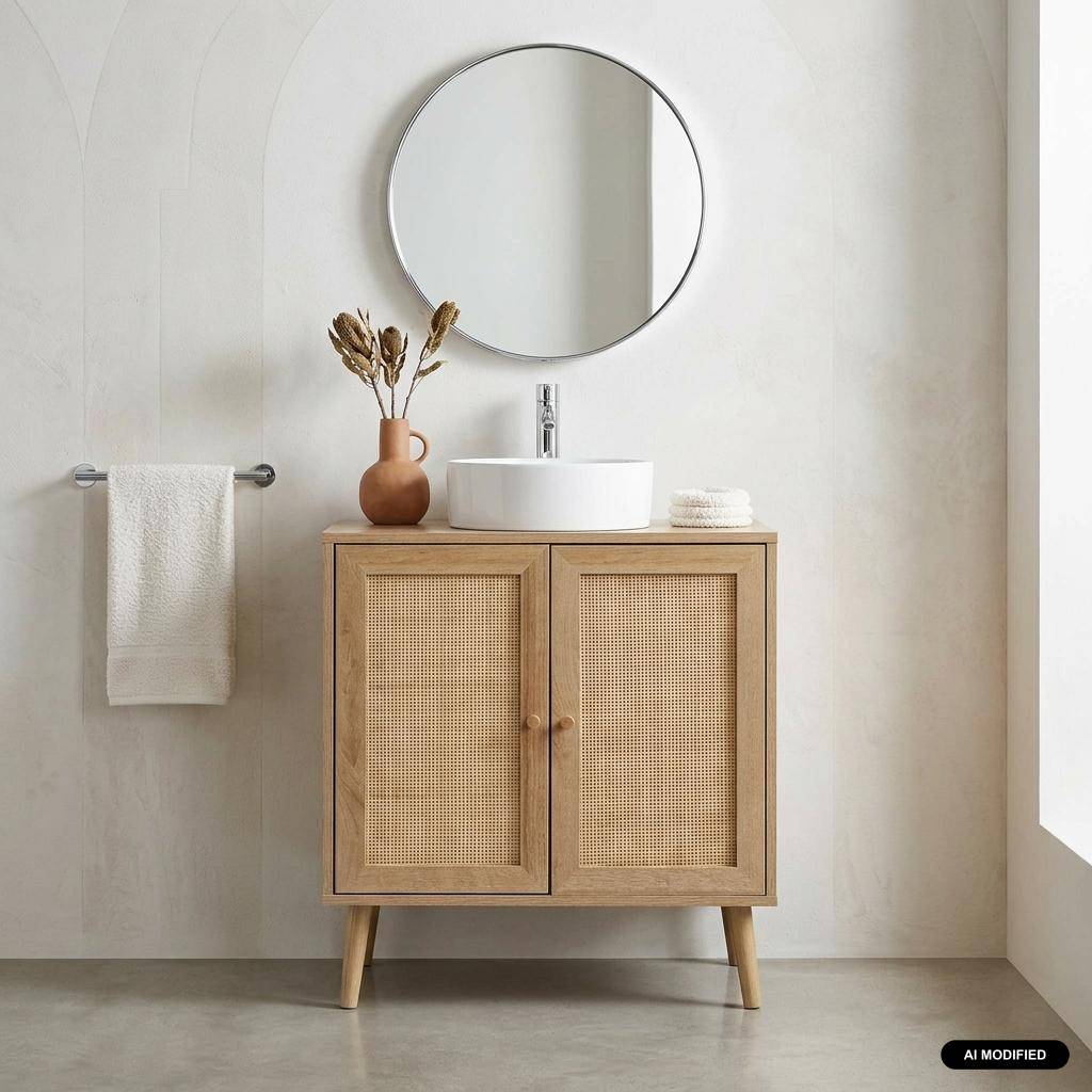 Waschbeckenunterschrank mit Holzdekor und Rohrgeflecht naturfarben 65 x 40 x 70 cm - Bohème Photo1
