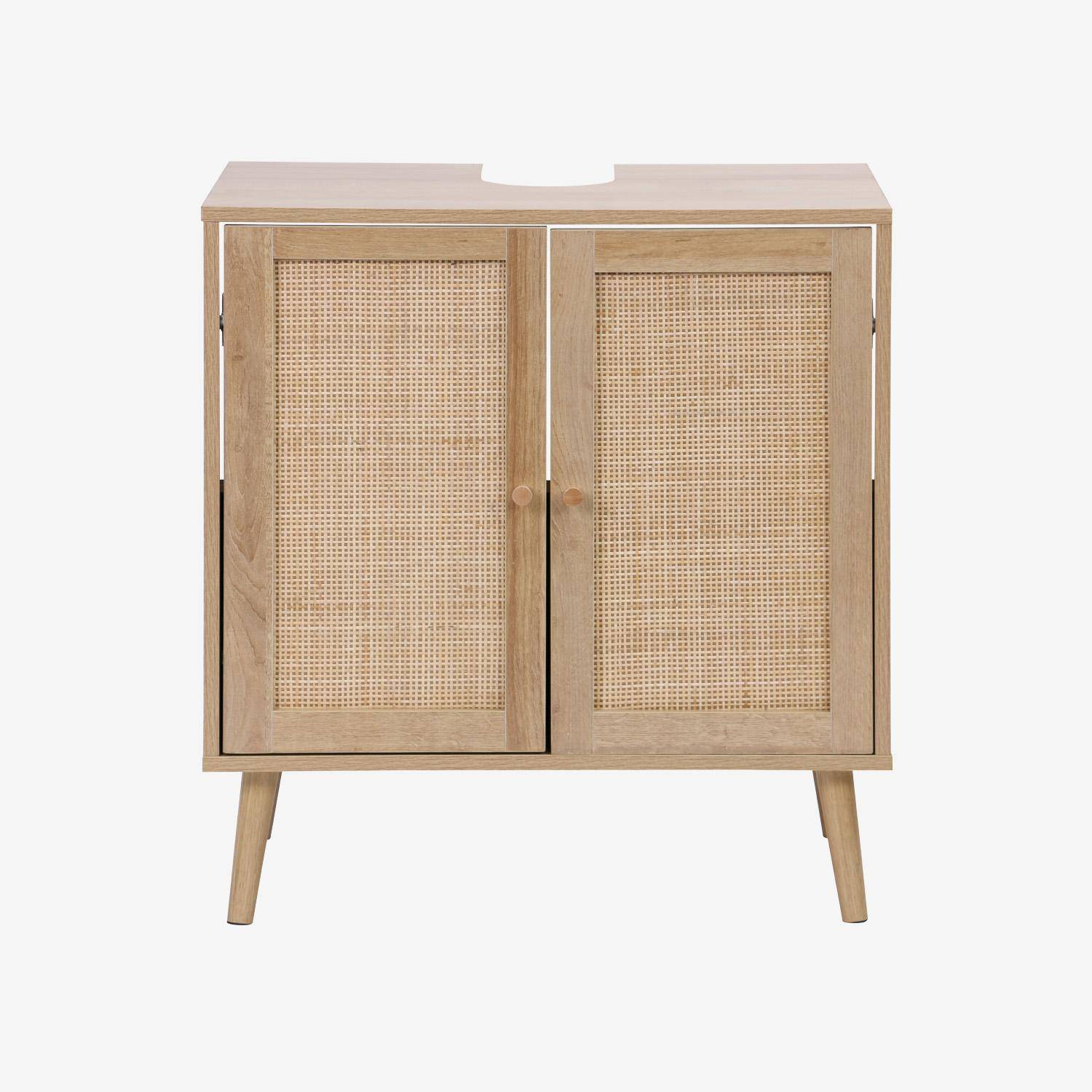 Mobile sotto lavabo decorato in legno e vimini, Boheme, Marrone naturale, 65x40x70 cm Photo2