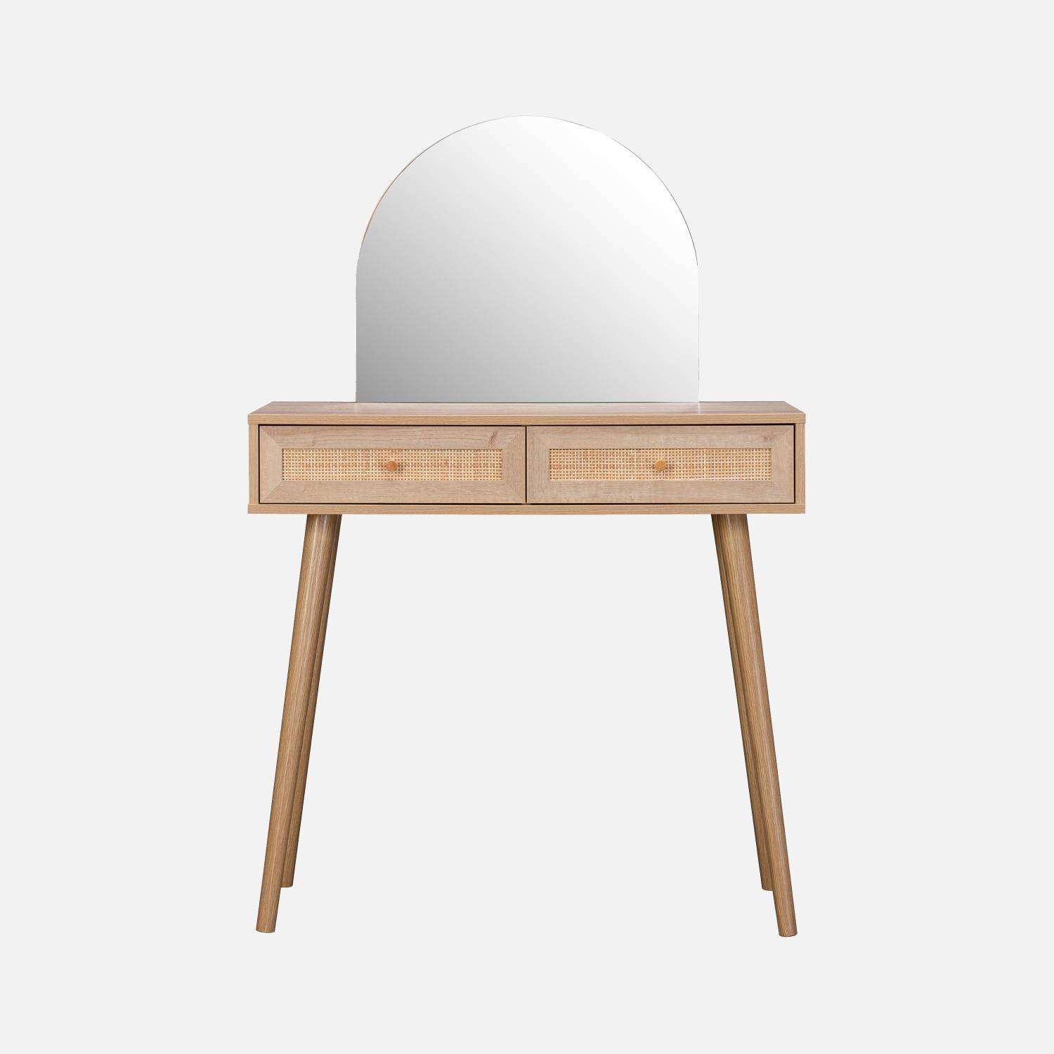 Coiffeuse Bohème avec miroir arrondi et 2 tiroirs cannage, coloris naturel, style Scandinave, L 90 x P 35 x H 135,5 cm Photo2