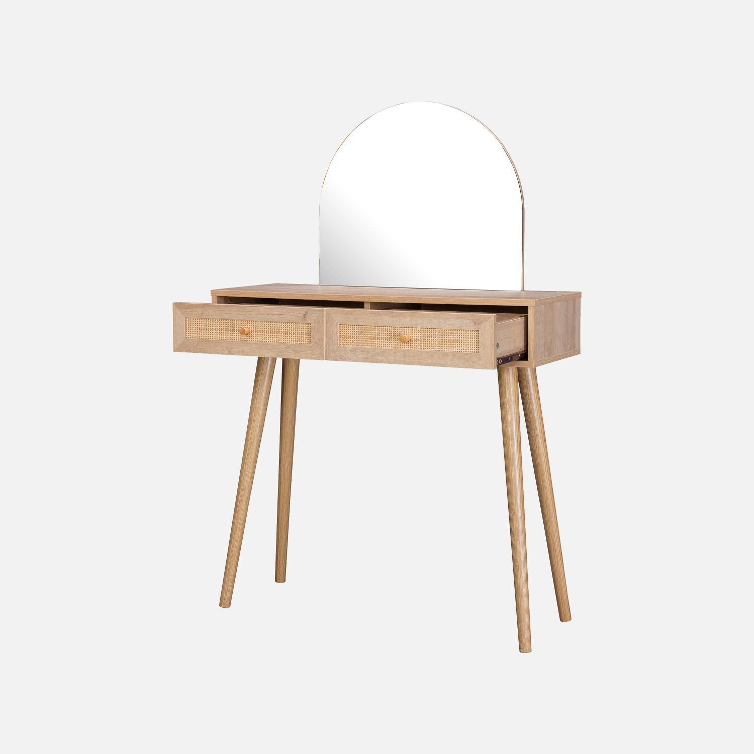 Coiffeuse Bohème avec miroir arrondi et 2 tiroirs cannage, coloris naturel, style Scandinave, L 90 x P 35 x H 135,5 cm Photo3