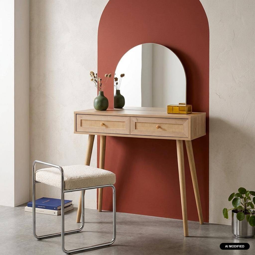 Toeletta trucco con specchio arrotondato in legno intrecciato e 2 cassetti Marrone naturale - 90x35x135.5 cm,sweeek,Photo1