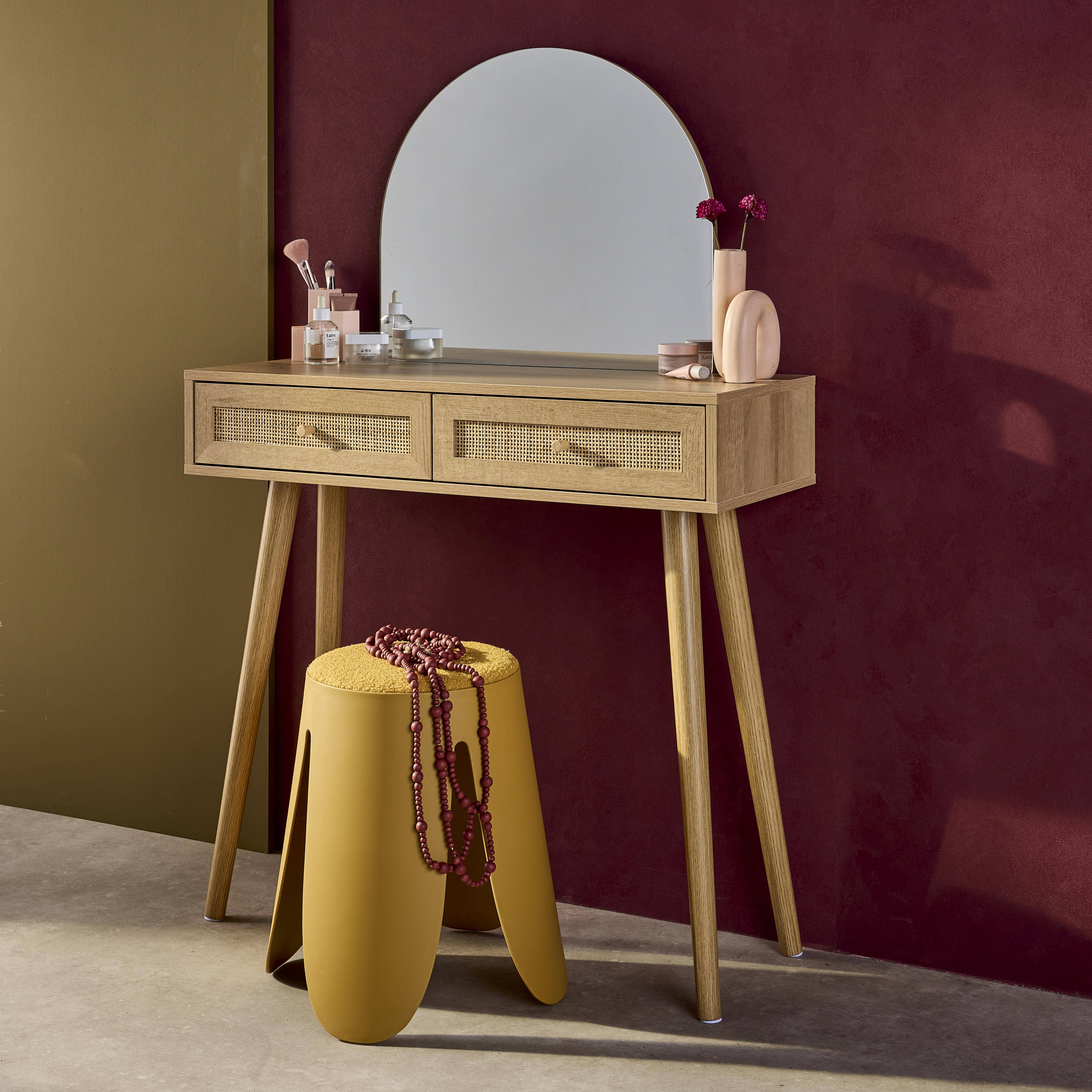 2-drawers dressing table with rounded mirror, Boheme, Natural, 90x35x135.5 cm Photo2