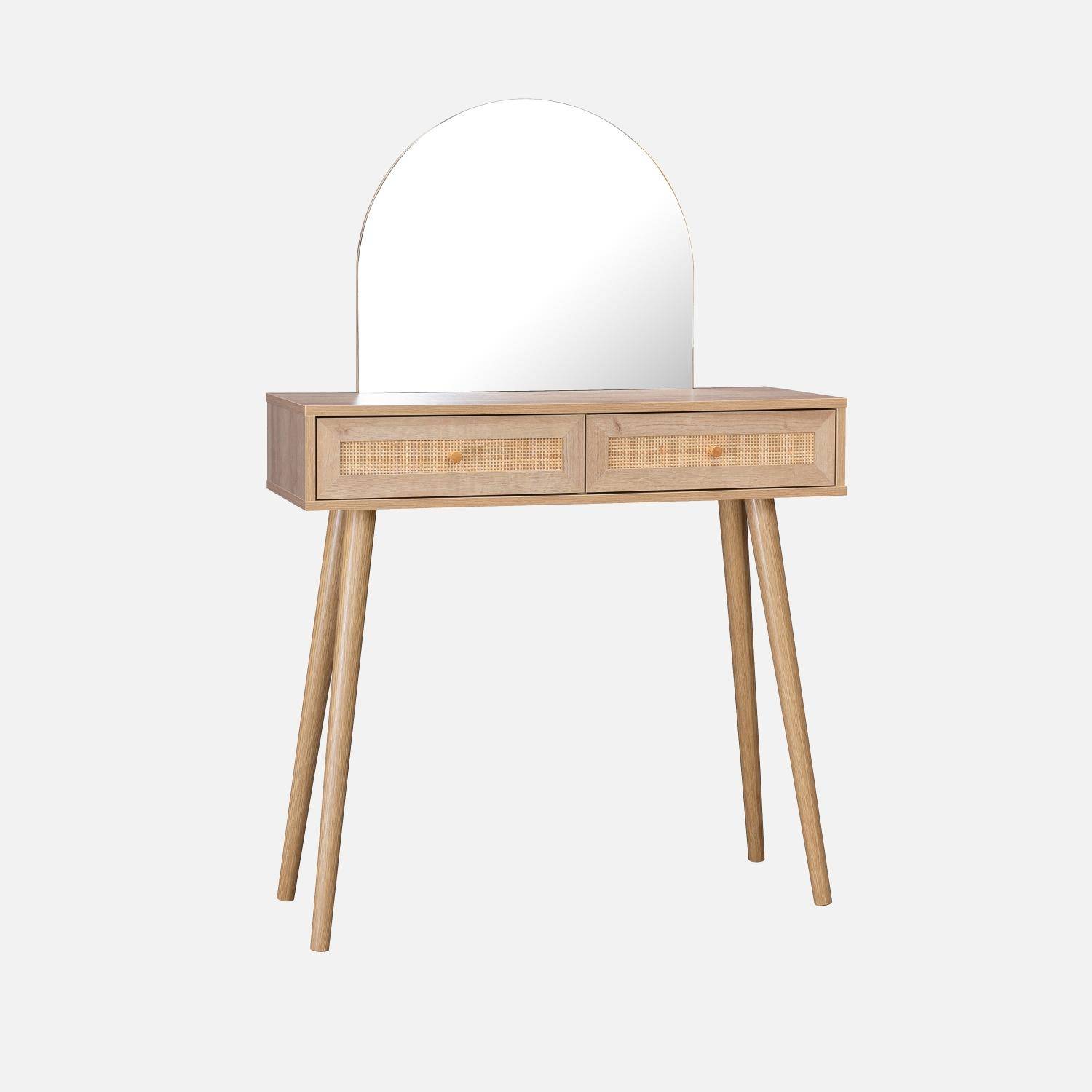 Coiffeuse Bohème avec miroir arrondi et 2 tiroirs cannage, coloris naturel, style Scandinave, L 90 x P 35 x H 135,5 cm Photo1