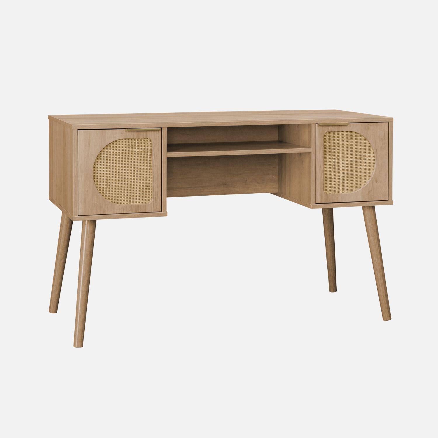 Scrivania effetto legno e cannage 2 cassetti, Eva, Marrone naturale, 120x55x76.5 cm,sweeek,Photo1