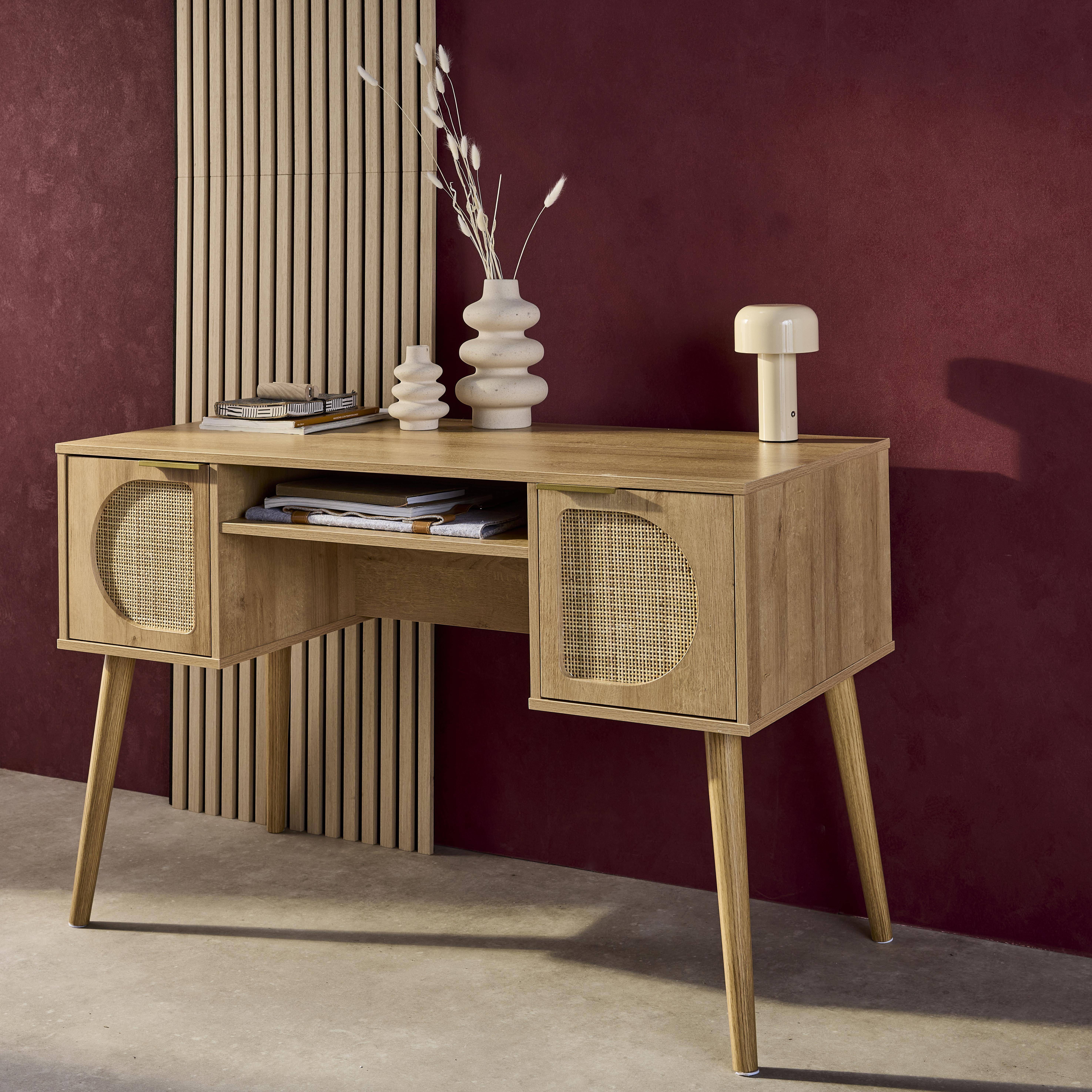 2-drawer wooden and cane effect desk , Natural | sweeek