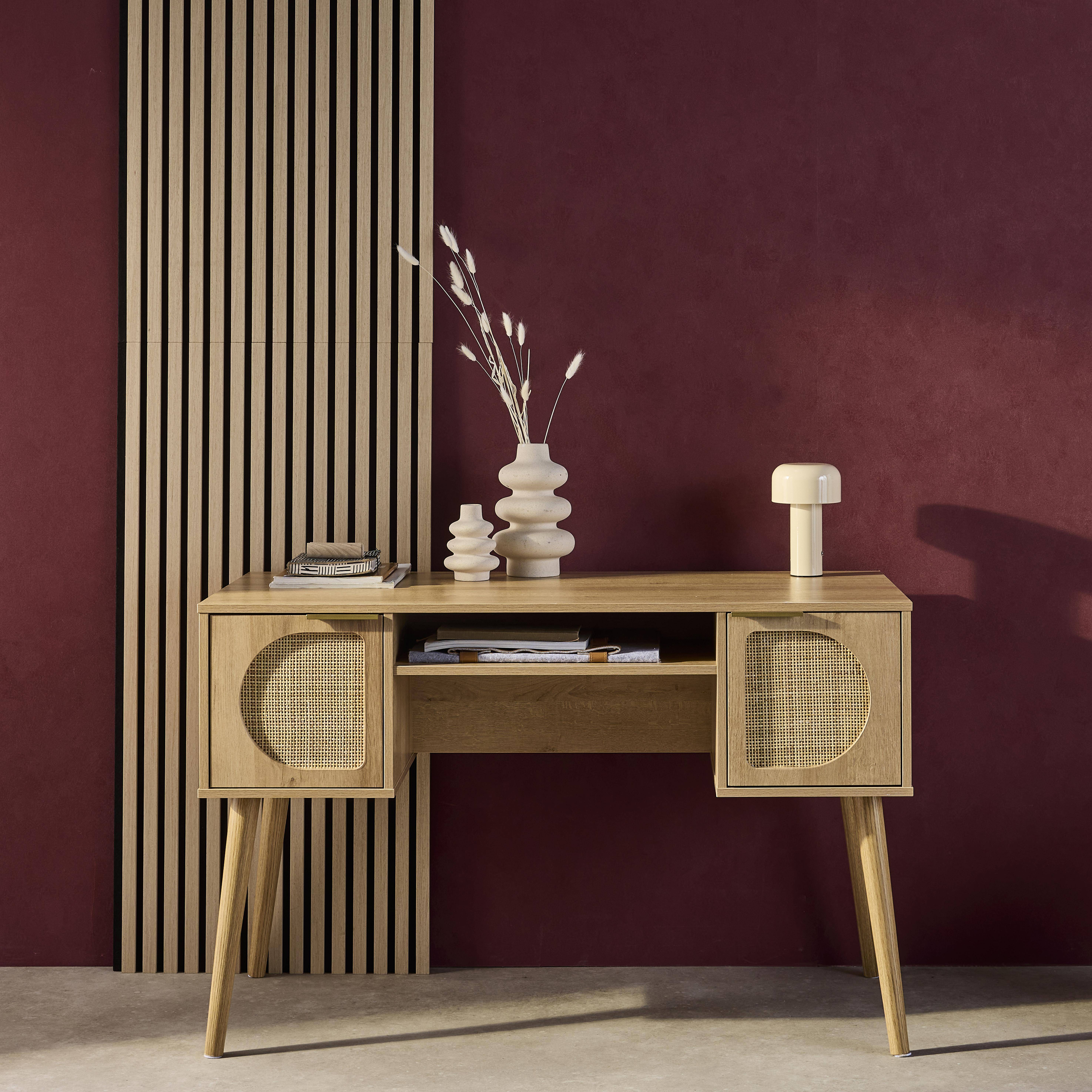 Oficina efecto madera y mimbre, 2 cajones, Eva, Natural, 120x55x76.5 cm Photo1