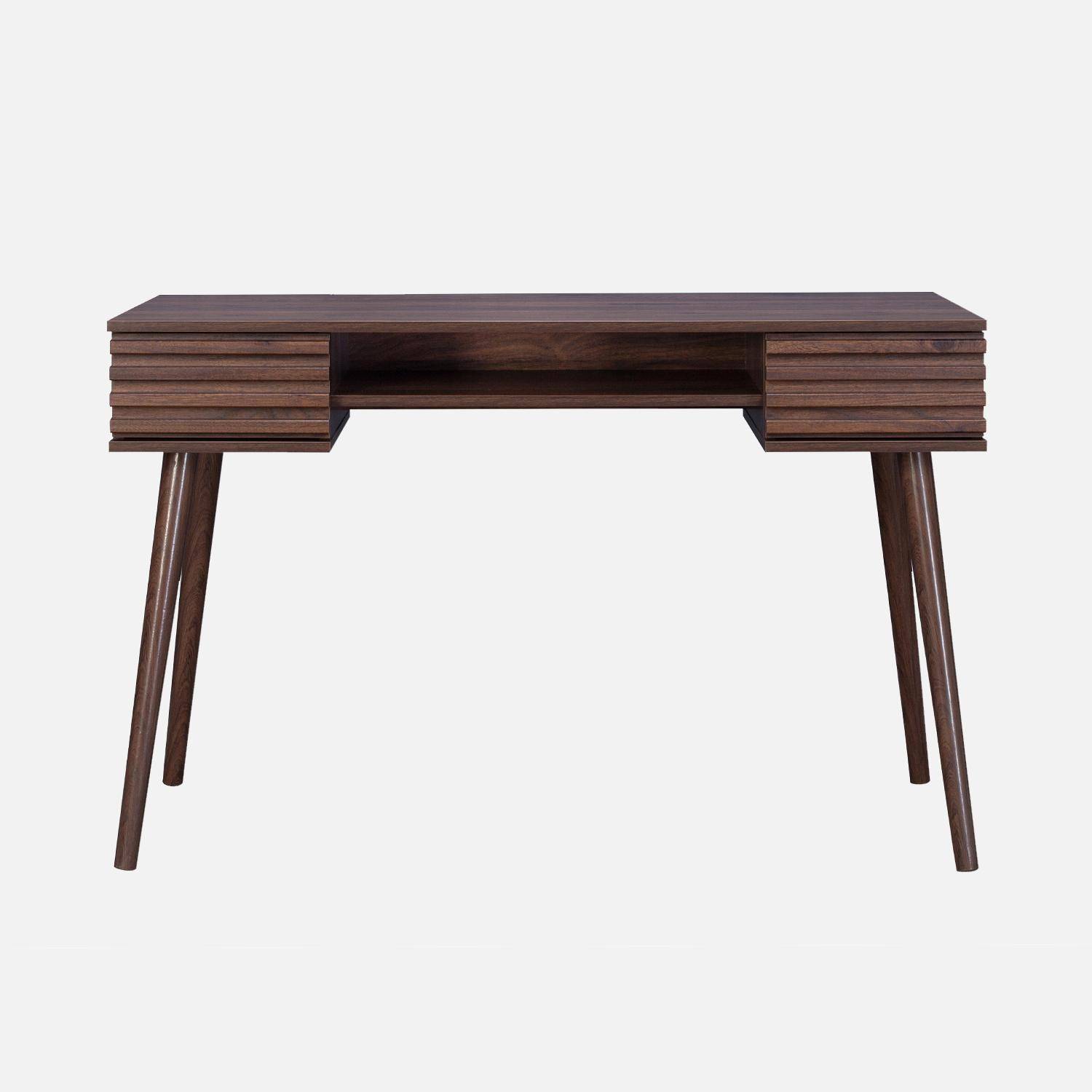 Bureau met hout effect, 2 lades Madere walnoothoutkleur, 1 kast, geribbelde fronten, 120 x 55 x 76,5 cm,sweeek,Photo2
