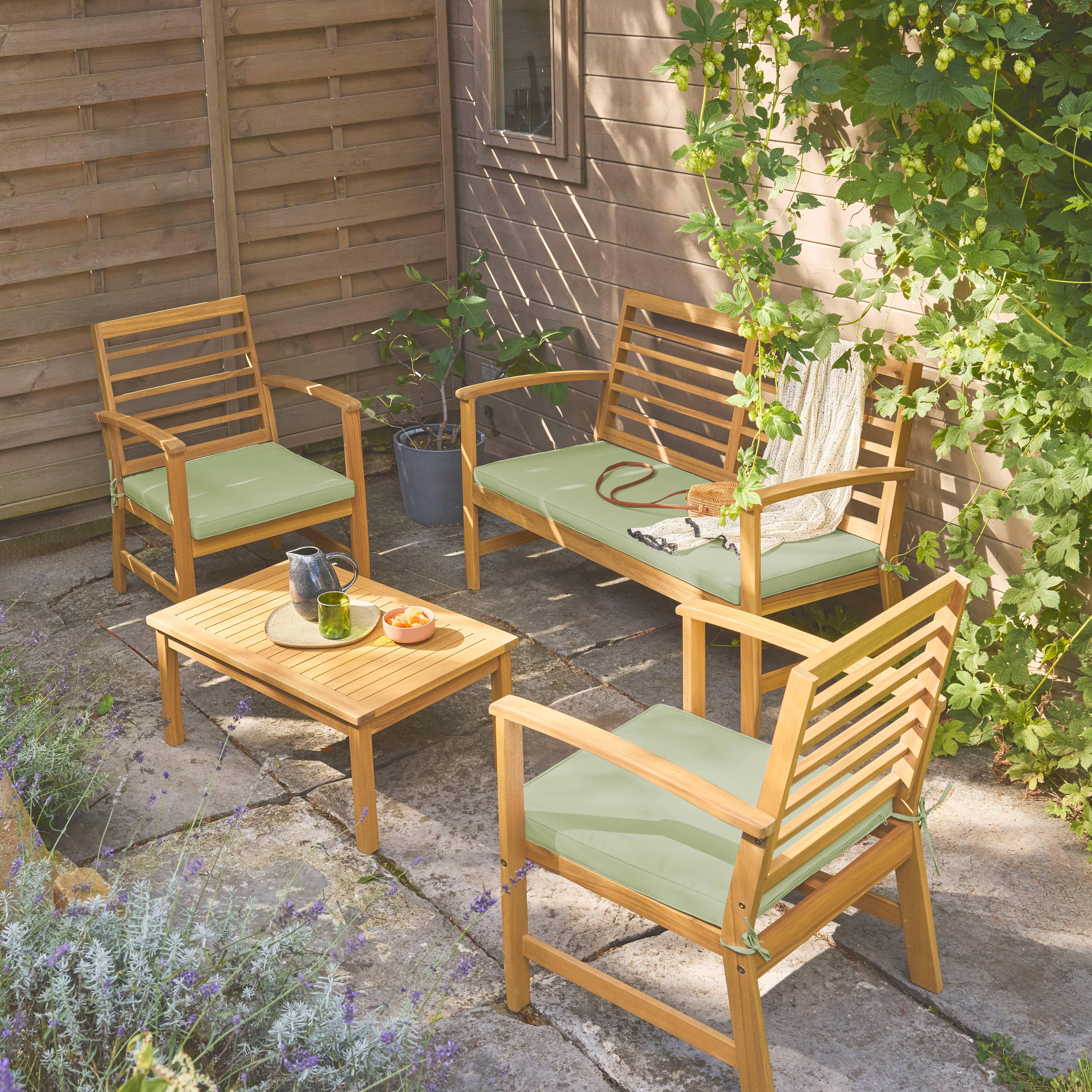 Salon de jardin vert de gris CHLOE en bois d'acacia 4 places, avec coussins en polyester, un canapé, une table, deux fauteuils Photo2