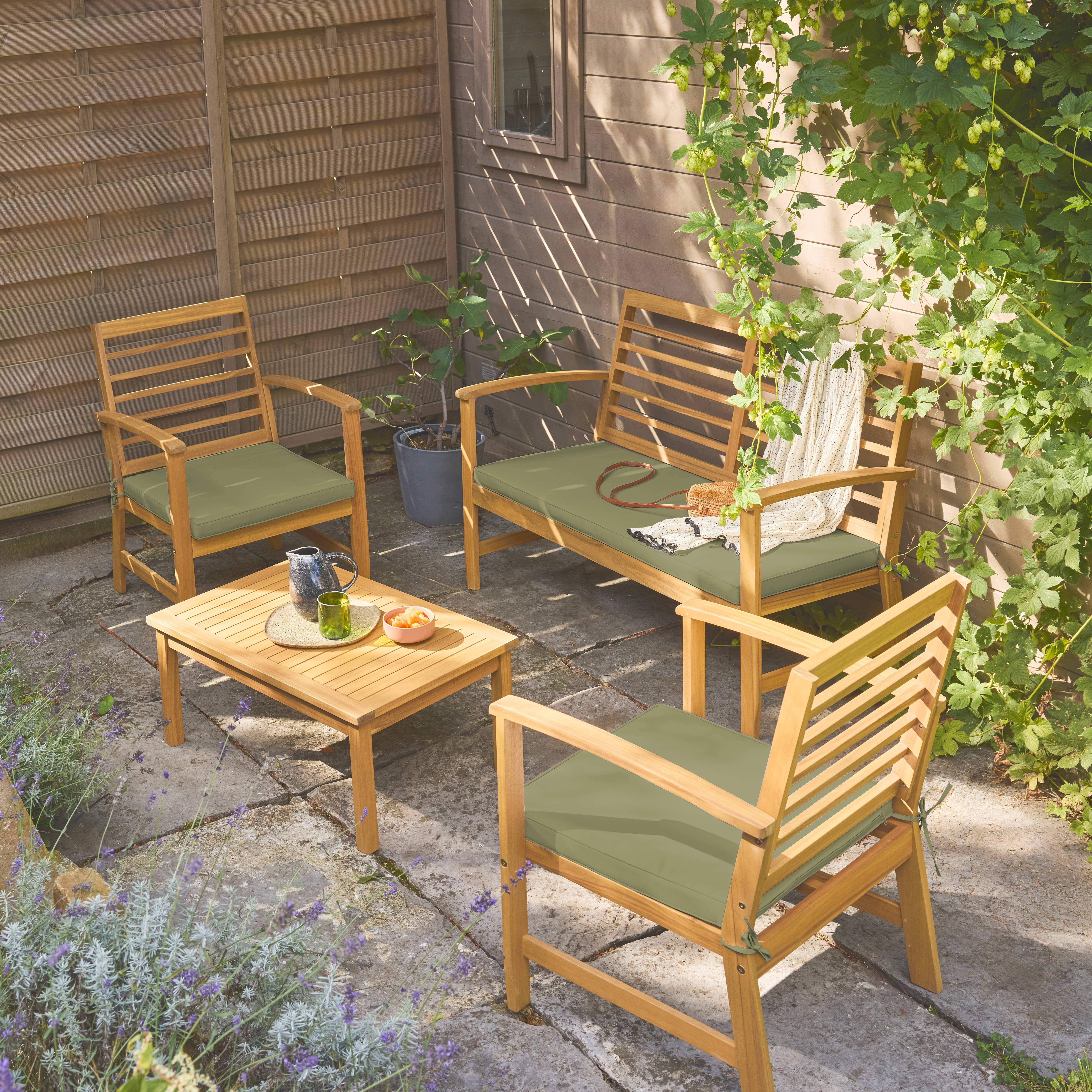 Kaki tuinset CHLOE van acaciahout voor 4 personen, met polyestervullingen, een bank, een tafel, twee stoelen Photo2