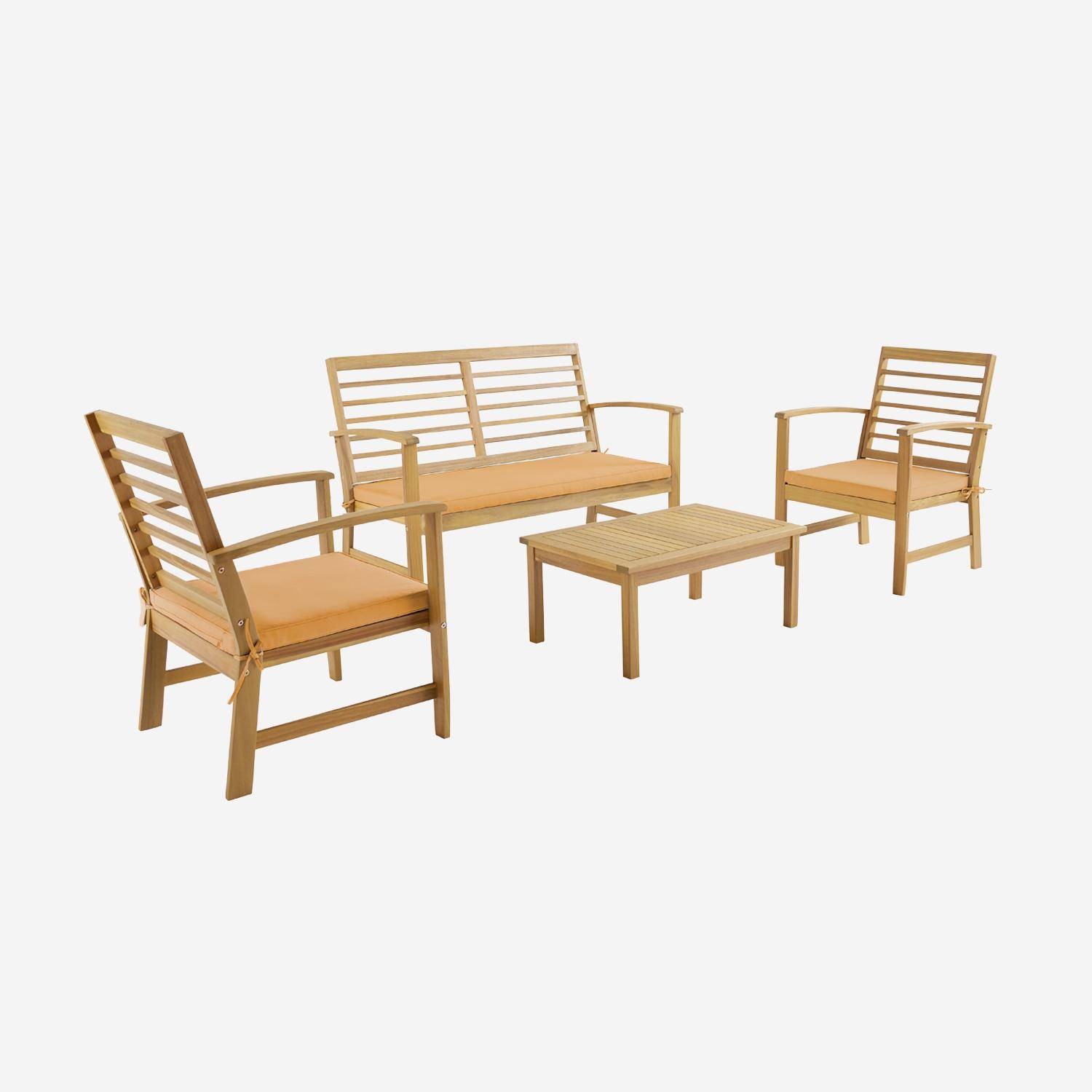Salon de jardin pêche CHLOE en bois d'acacia 4 places, avec coussins en polyester, un canapé, une table, deux fauteuils Photo5