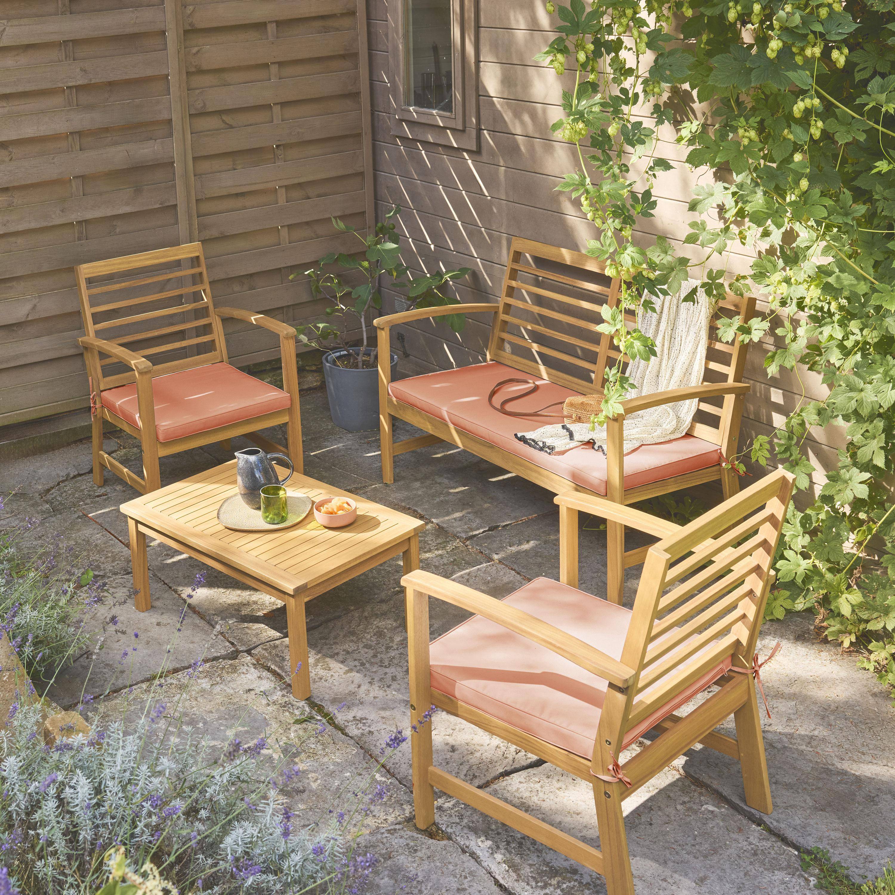 Salon de jardin pêche CHLOE en bois d'acacia 4 places, avec coussins en polyester, un canapé, une table, deux fauteuils Photo2
