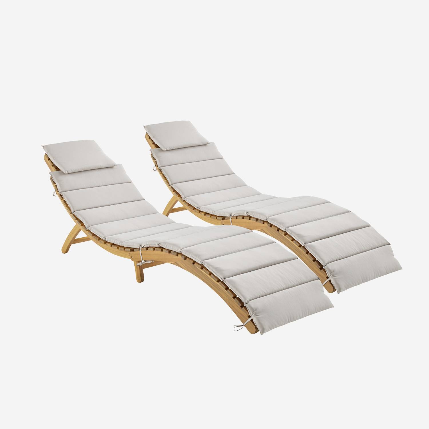 Lot de 2 bains de soleil en bois d'acacia coussin beige en polyester