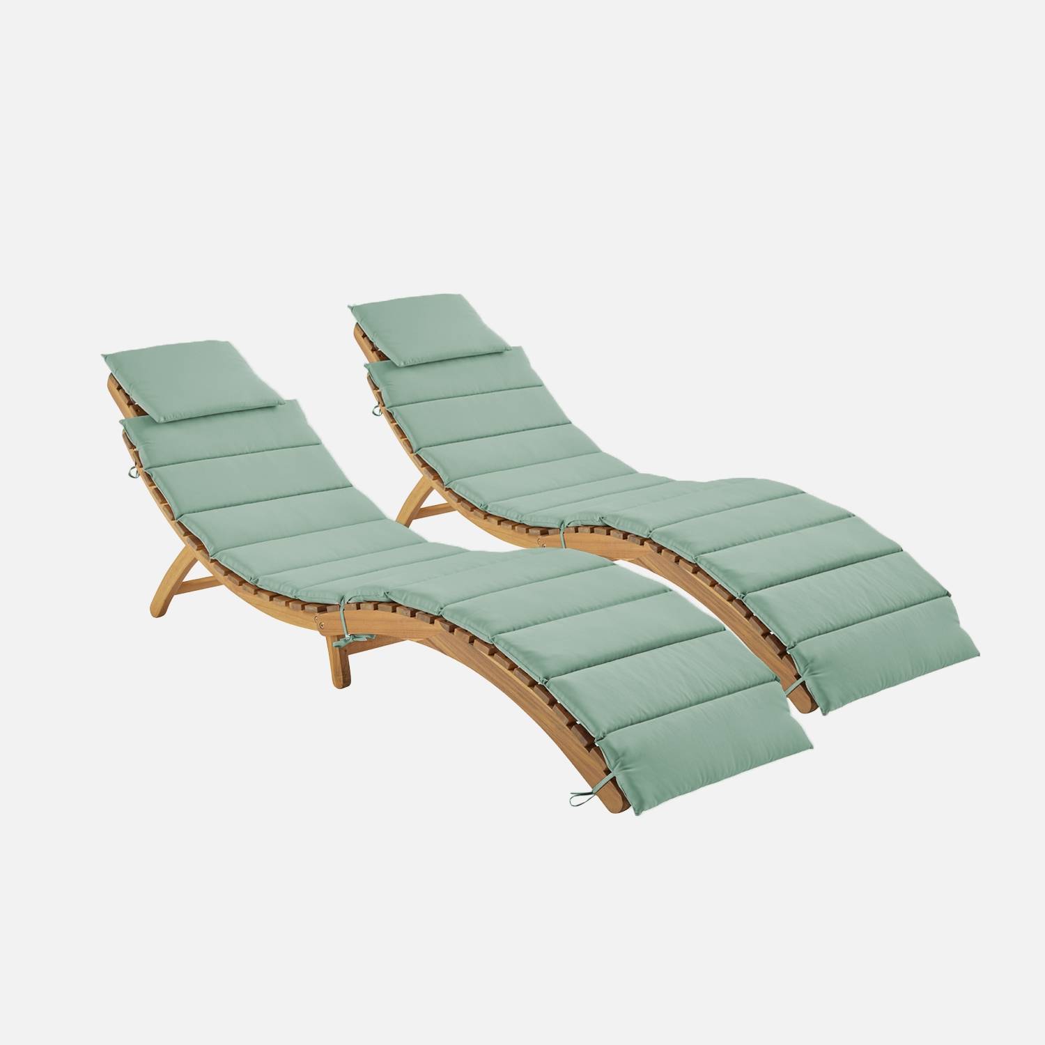 Lot de 2 bains de soleil en bois d'acacia coussin vert de gris en polyester