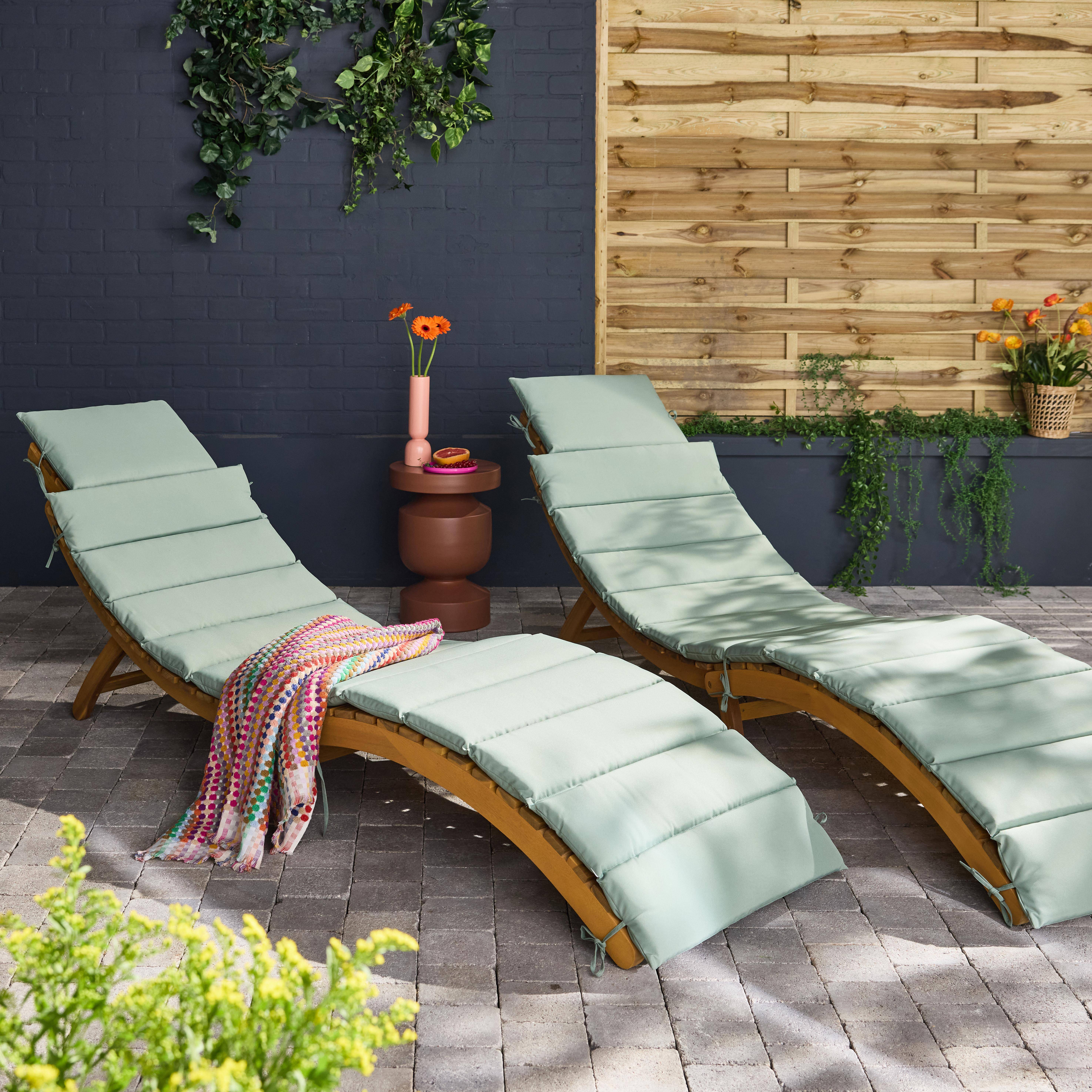 Set van 2 acaciahouten ligstoelen LAURE met groen-grijze polyester kussen, 184 x 55 x 63,5 cm Photo1