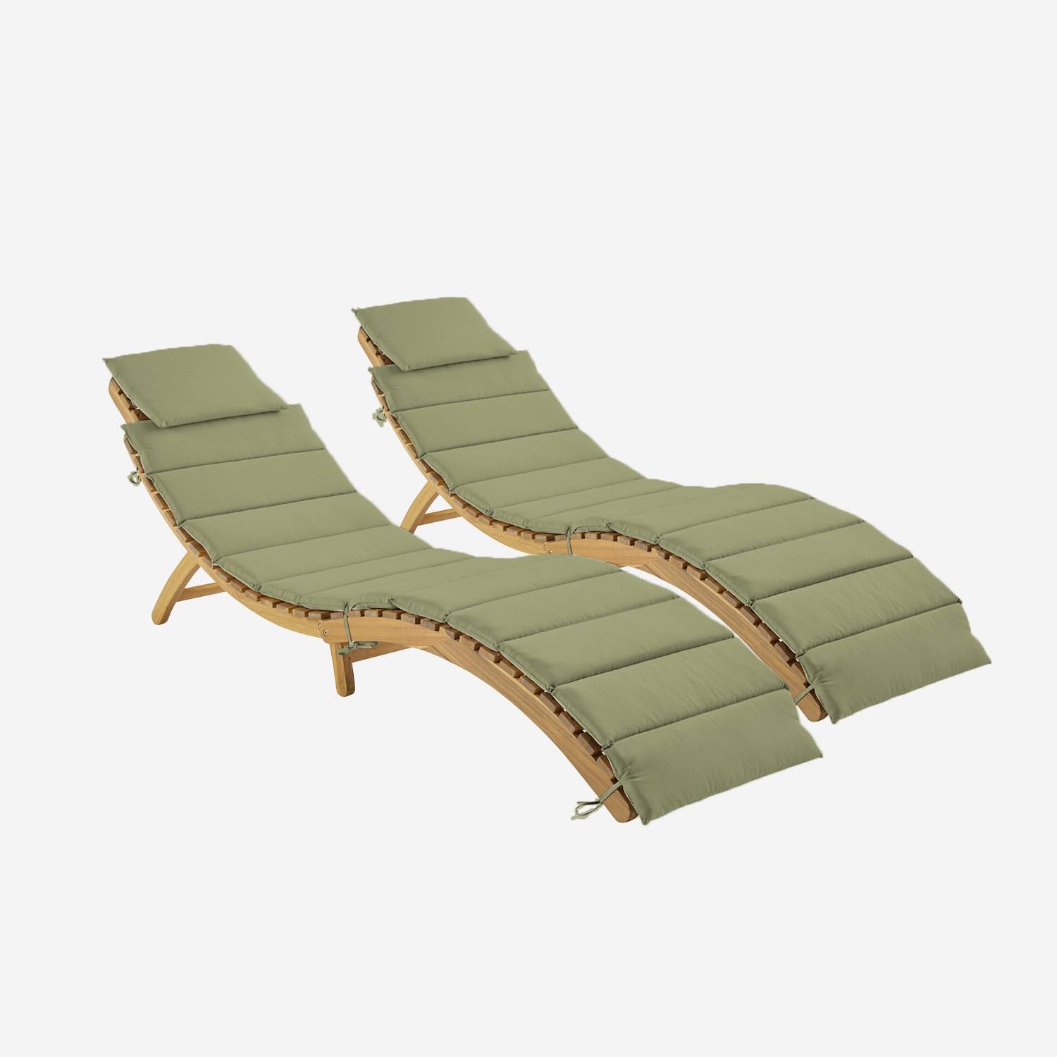 Lot de 2 bains de soleil en bois d'acacia coussin kaki en polyester
