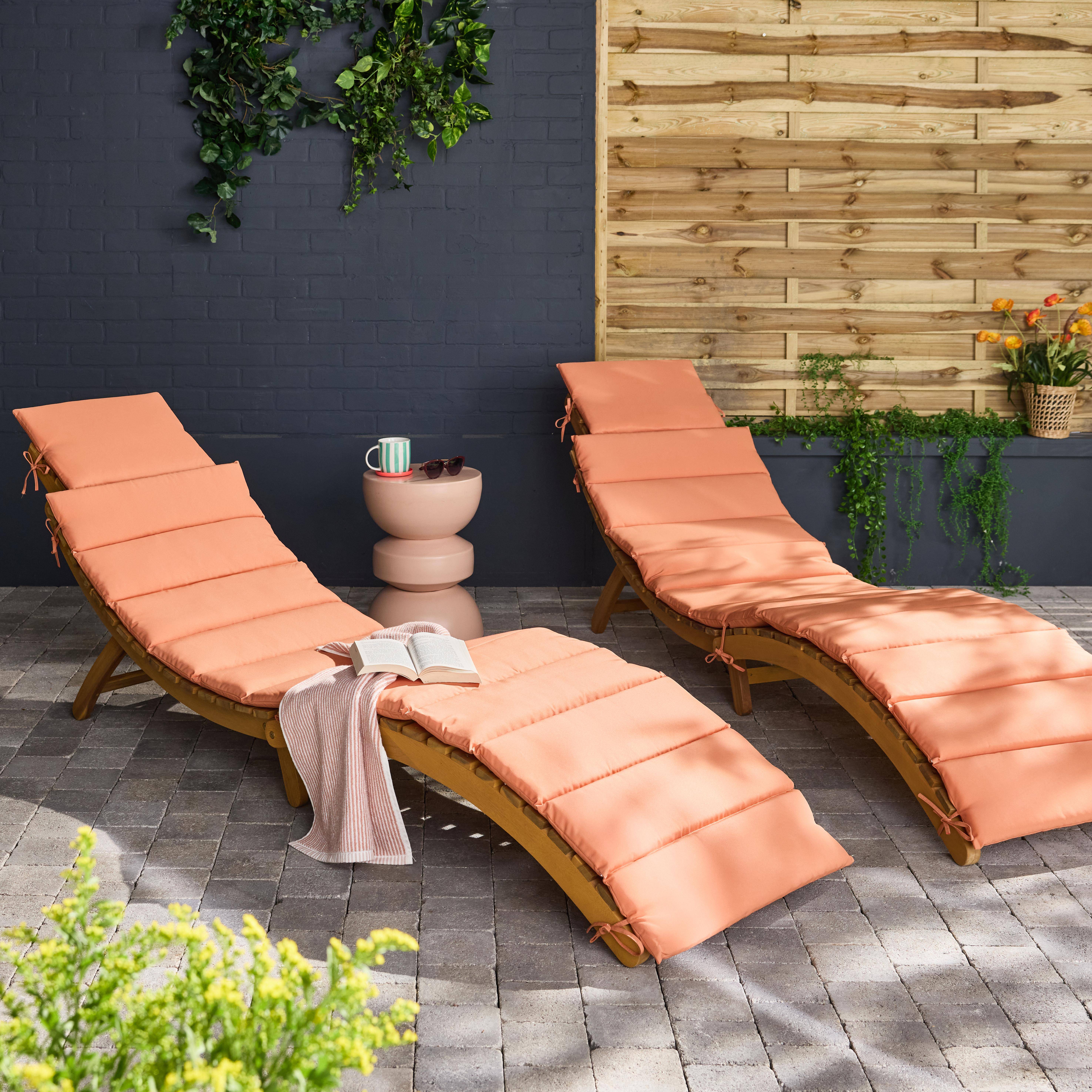 Lot de bains de soleil en bois d'acacia LAURE avec coussin terracotta en  polyester, 184 x 55 x 63,5 cm