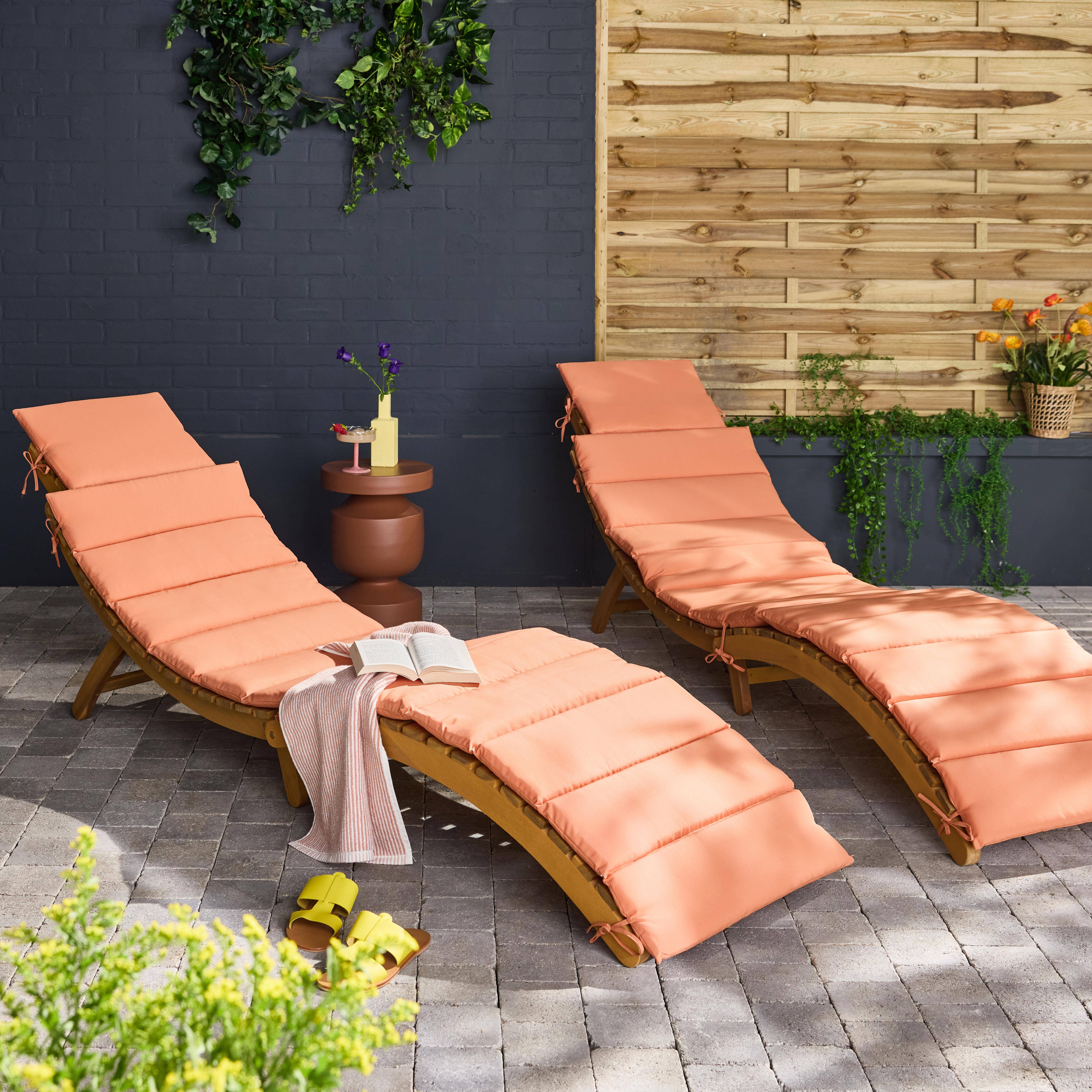 Set van 2 acaciahouten ligstoelen LAURE met perzikkleurige polyester kussen, 184 x 55 x 63,5 cm Photo1