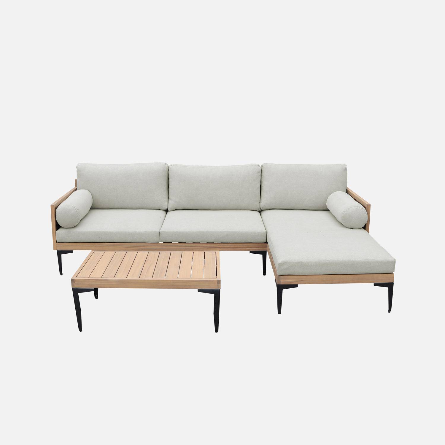 Salon de jardin 3 places JALISCO en bois d'acacia et aluminium, coussins beiges en polyester Photo8