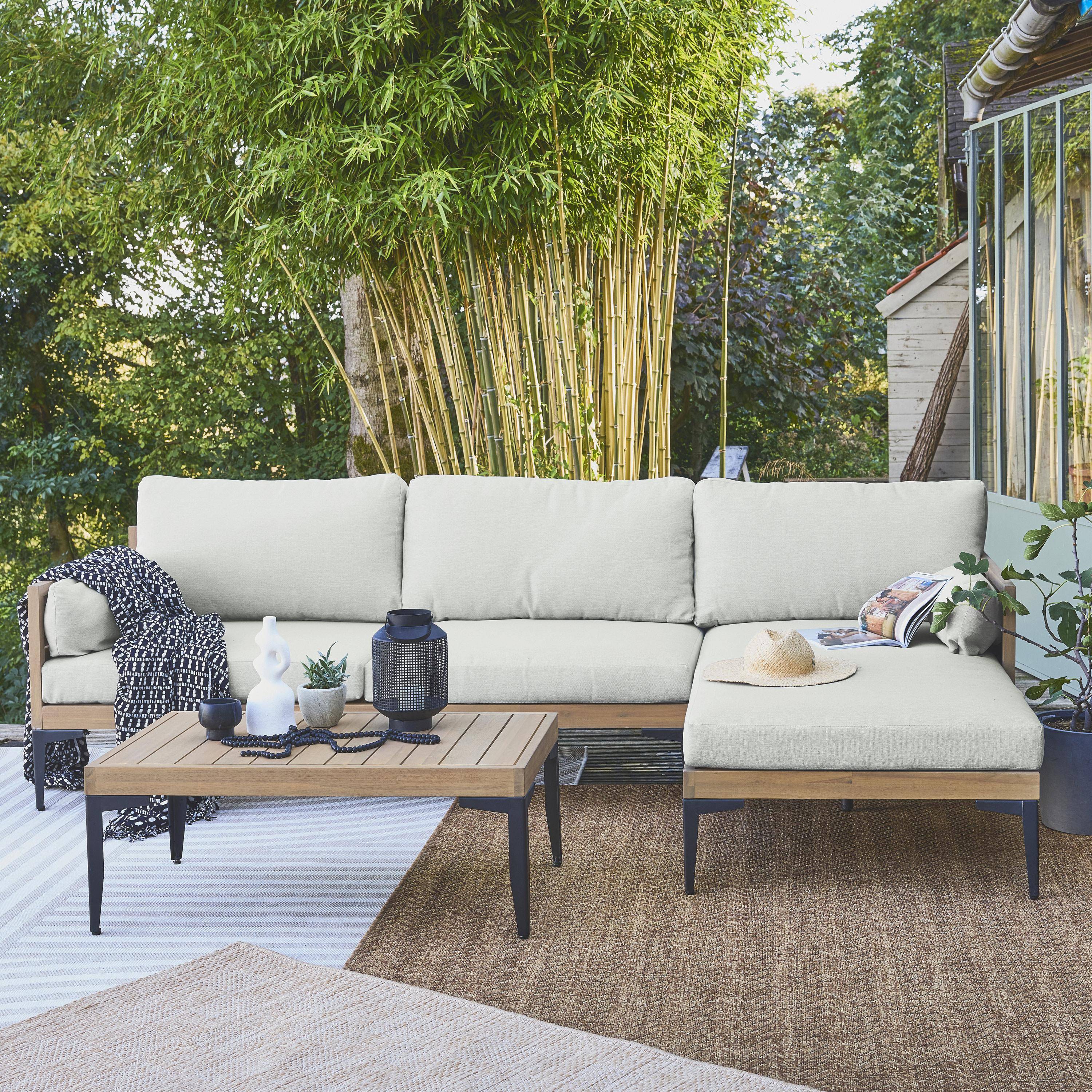 Salon de jardin 3 places JALISCO en bois d'acacia et aluminium, coussins beiges en polyester Photo1