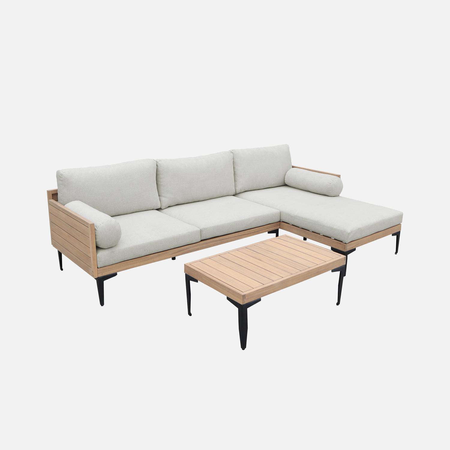 Salon de jardin 3 places JALISCO en bois d'acacia et aluminium, coussins beiges en polyester Photo7
