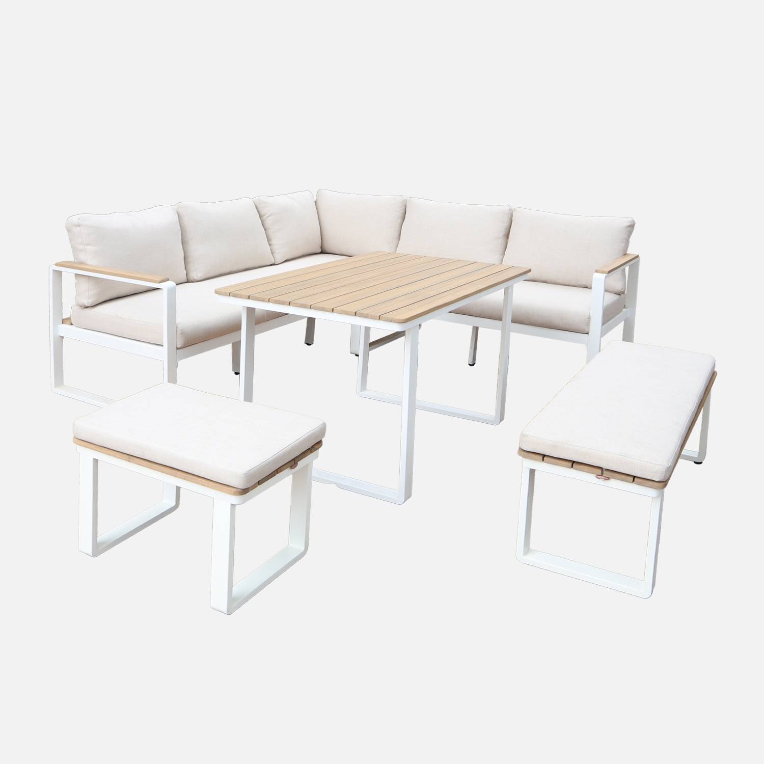 Salon de jardin bois d'acacia et aluminium 8 places blanc et beige