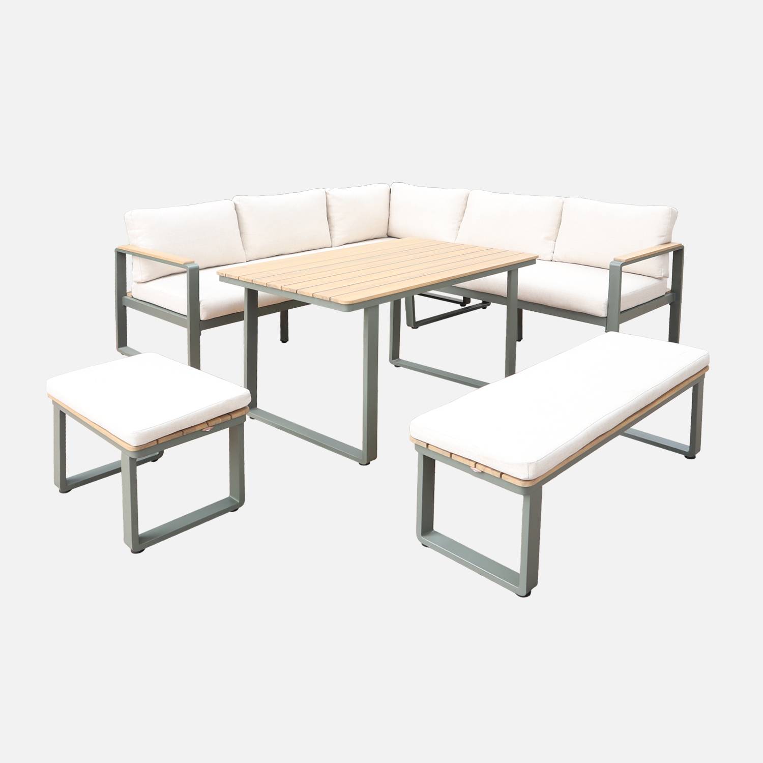 Salon de jardin bois d'acacia et aluminium 8 places kaki et beige