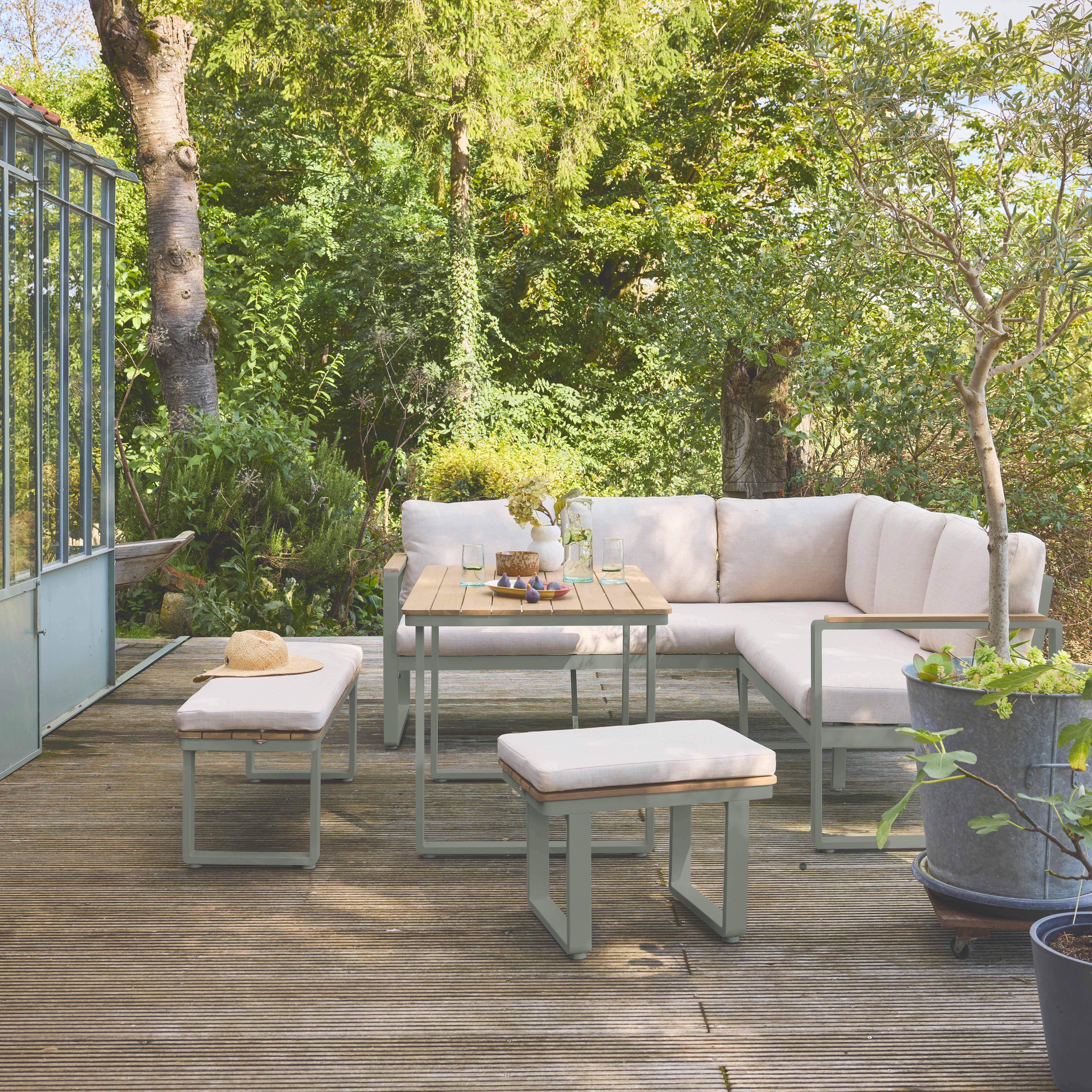 Gartenlounge-Set für 8 Personen aus Akazienholz und Aluminium, khaki und beige