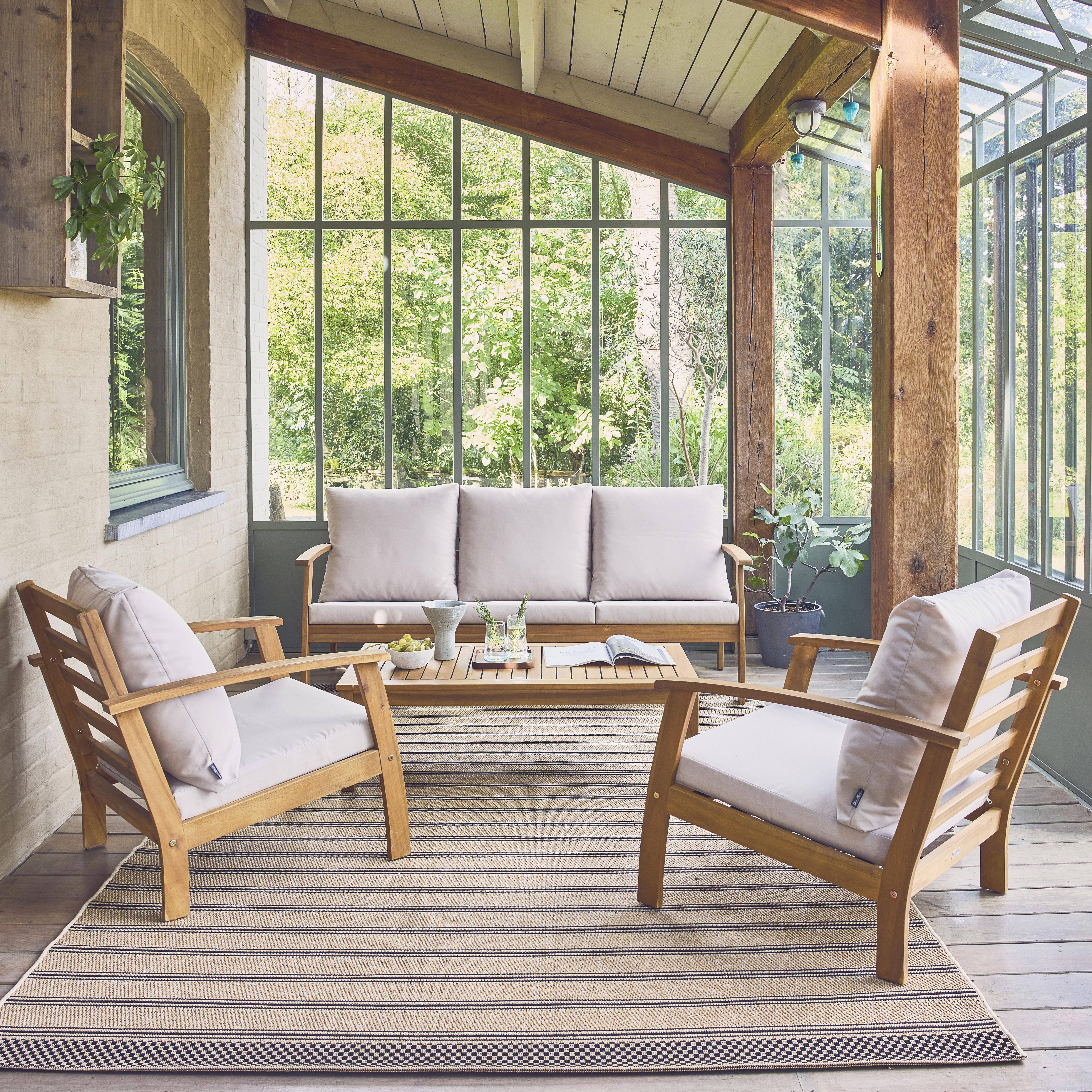 Salon de jardin USHUAIA 5 places écru en bois d'acacia, un canapé, une table, deux fauteuils Photo1