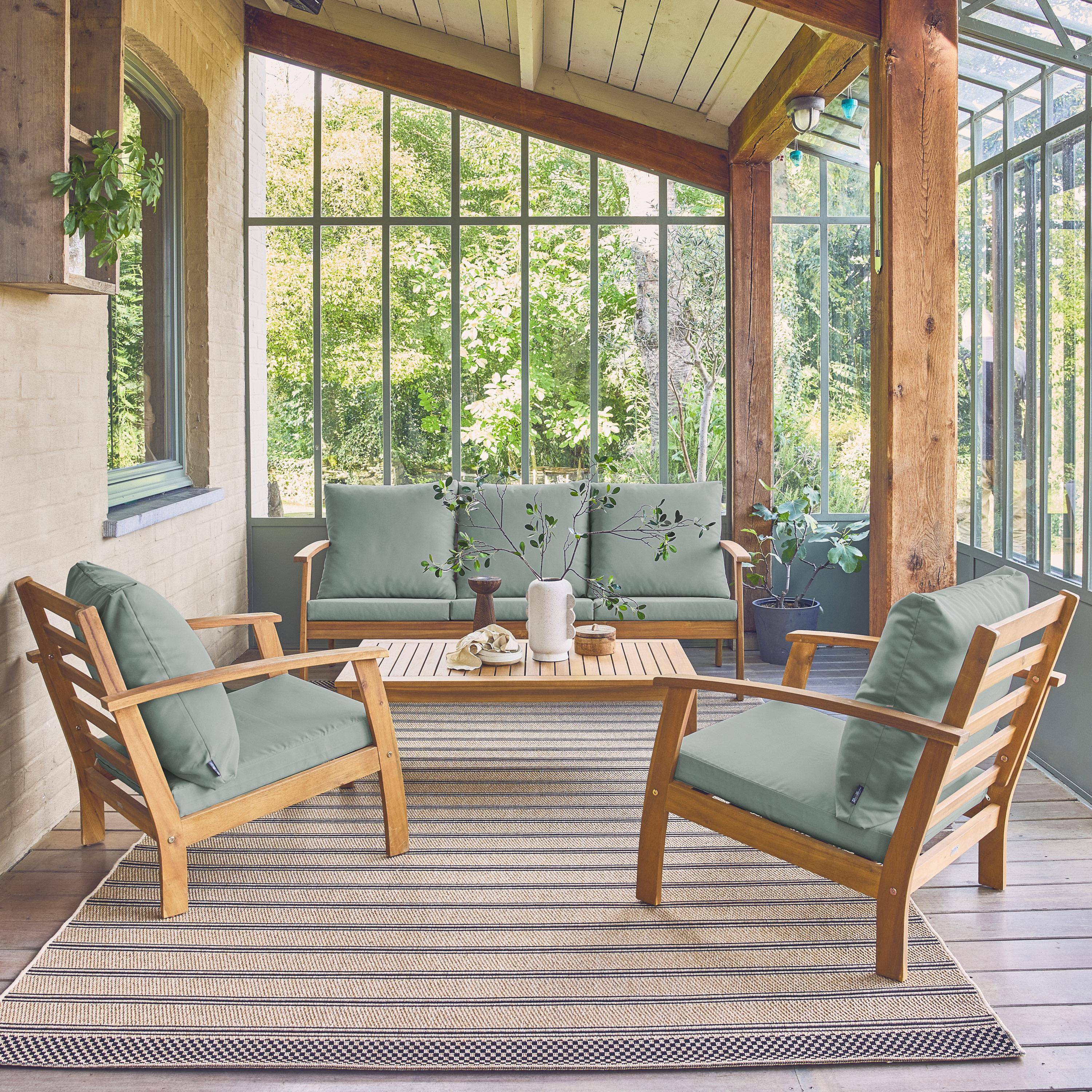 Gartenlounge-Set für 5 Personen graugrün aus Akazienholz, 5 Plätze, ein Sofa, ein Tisch, zwei Sessel - Ushuaia Photo1