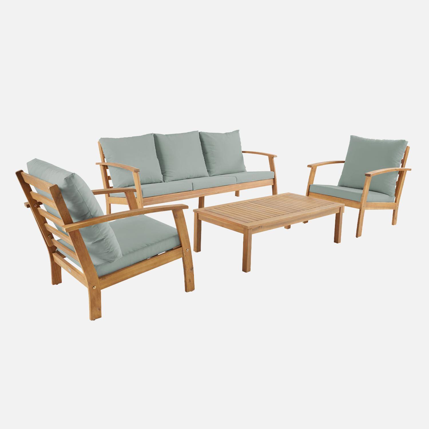 Gartenlounge-Set für 5 Personen graugrün aus Akazienholz, 5 Plätze, ein Sofa, ein Tisch, zwei Sessel - Ushuaia,sweeek,Photo5