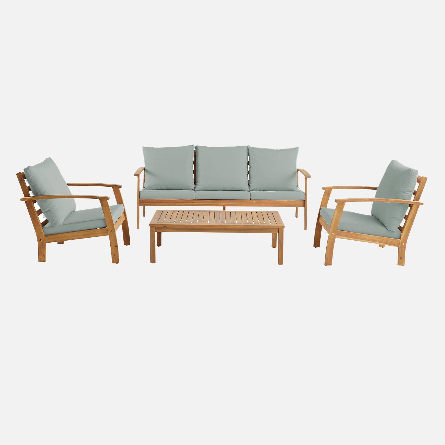 Gartenlounge-Set für 5 Personen graugrün aus Akazienholz, 5 Plätze, ein Sofa, ein Tisch, zwei Sessel - Ushuaia Photo6