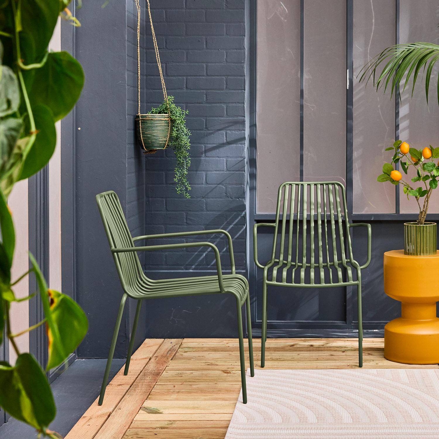 Lot de 2 fauteuils de jardin FLORIDA kaki empilable en acier, L 59 x P 53,5 x H 78 cm,sweeek,Photo2