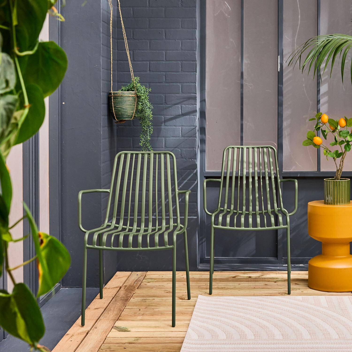Lot de 2 fauteuils de jardin FLORIDA kaki empilable en acier, L 59 x P 53,5 x H 78 cm Photo1
