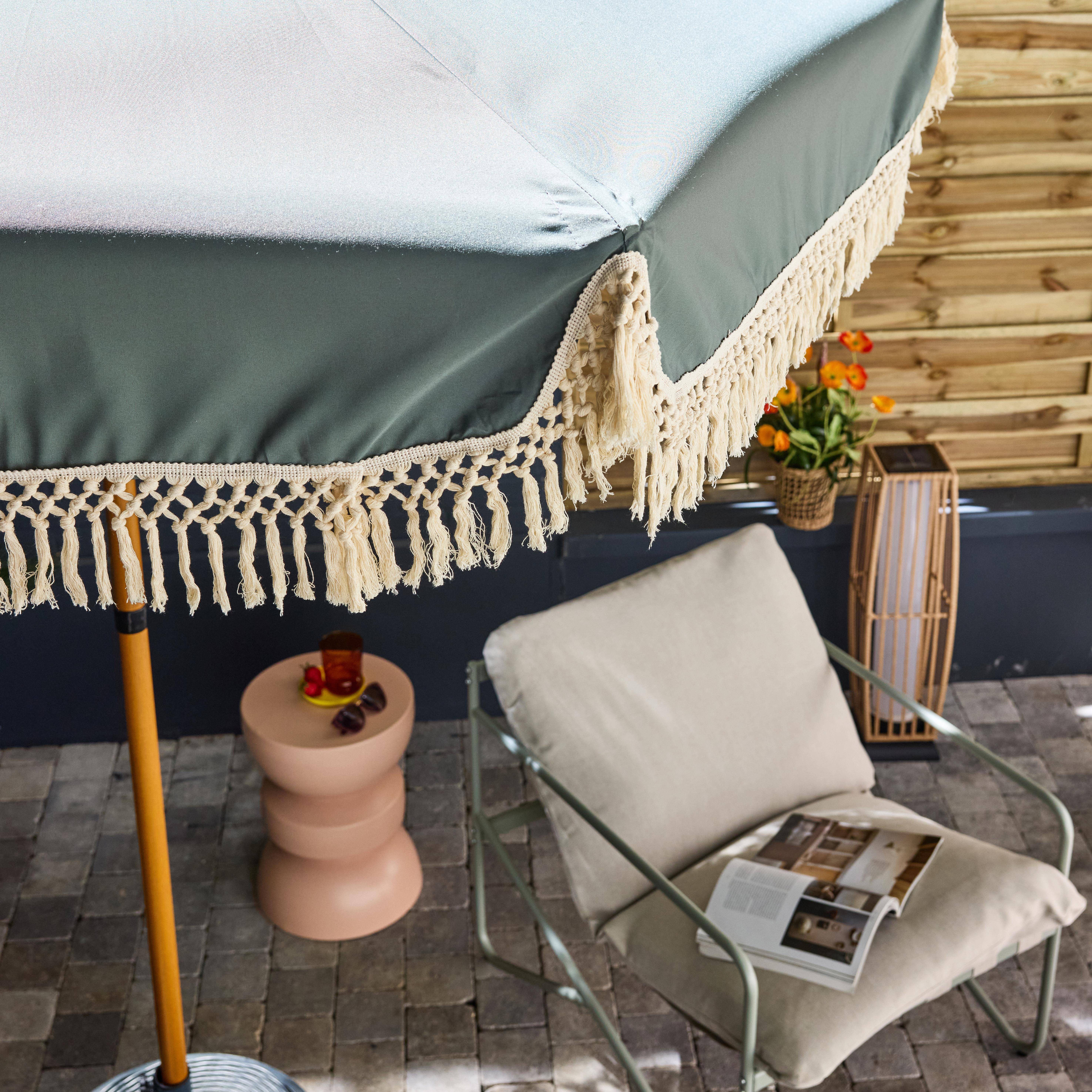 Sonnenschirm mit Fransen 2 m, khaki, Stahl, Mast in Holzoptik, UPF 30+, D 200 x H 225 cm - Hossegor Photo2