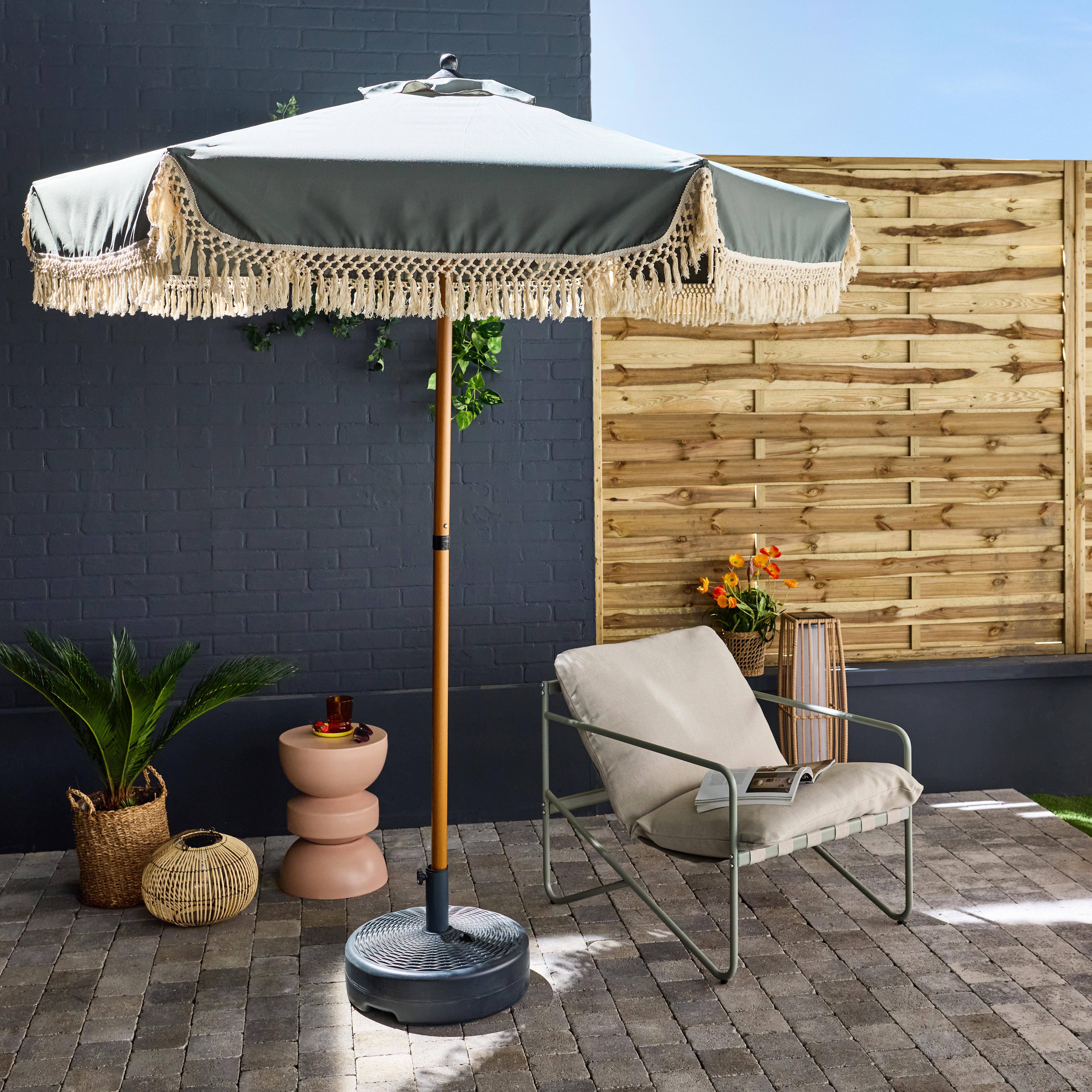 Sonnenschirm mit Fransen 2 m, khaki, Stahl, Mast in Holzoptik, UPF 30+, D 200 x H 225 cm - Hossegor Photo1