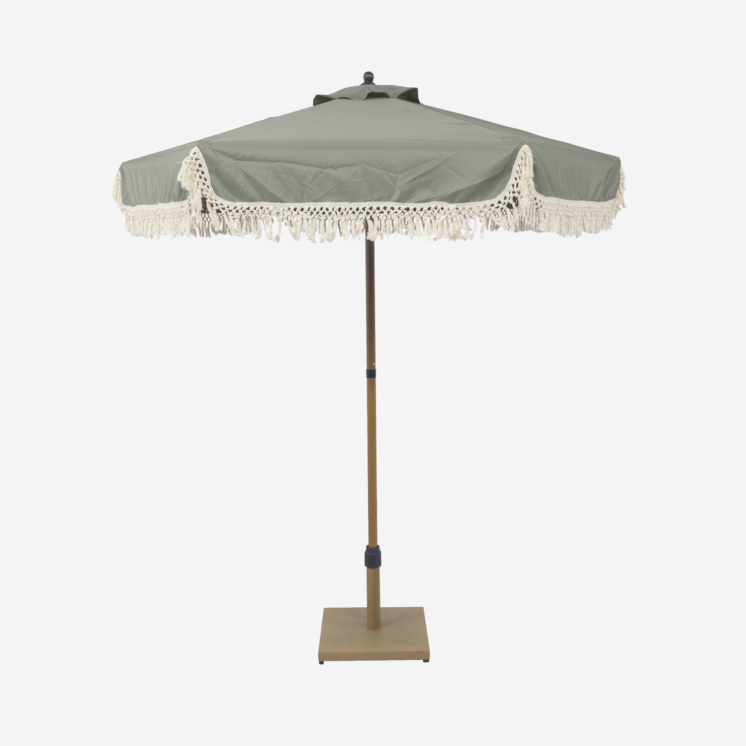 Parasol HOSSEGOR droit à franges 2m, kaki, acier, mât effet bois, UPF 30+, D 200 x H 225 cm,sweeek,Photo5