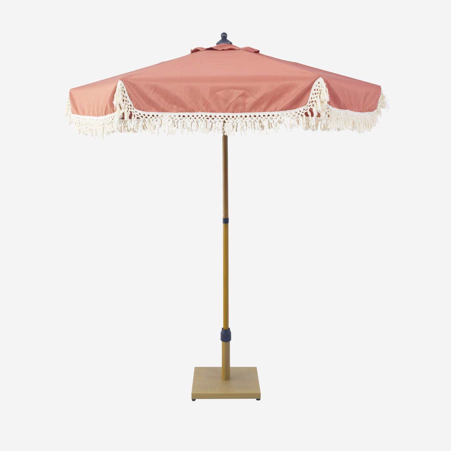 Parasol droit à franges 2m, terracotta, acier, mât effet bois